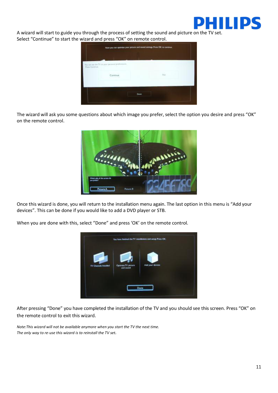 Philips 22HFL3233D, 10 installation manual Only way to re-use this wizard is to reinstall the TV set 