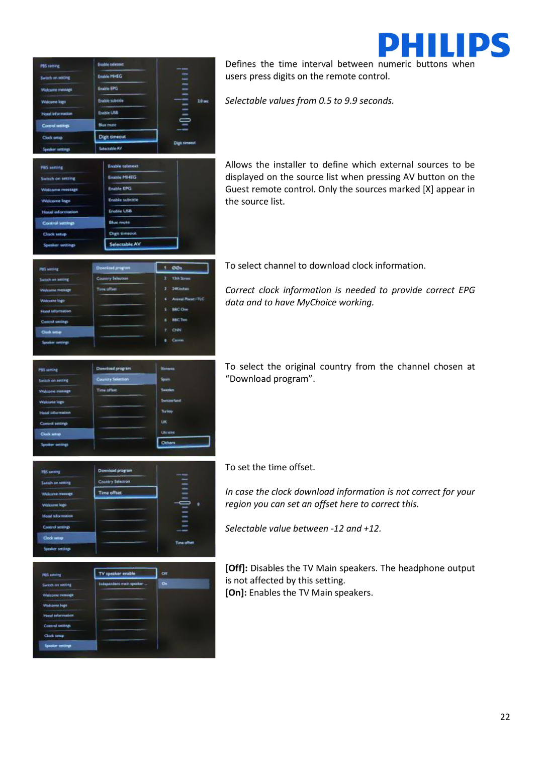 Philips 10, 22HFL3233D installation manual Selectable values from 0.5 to 9.9 seconds 