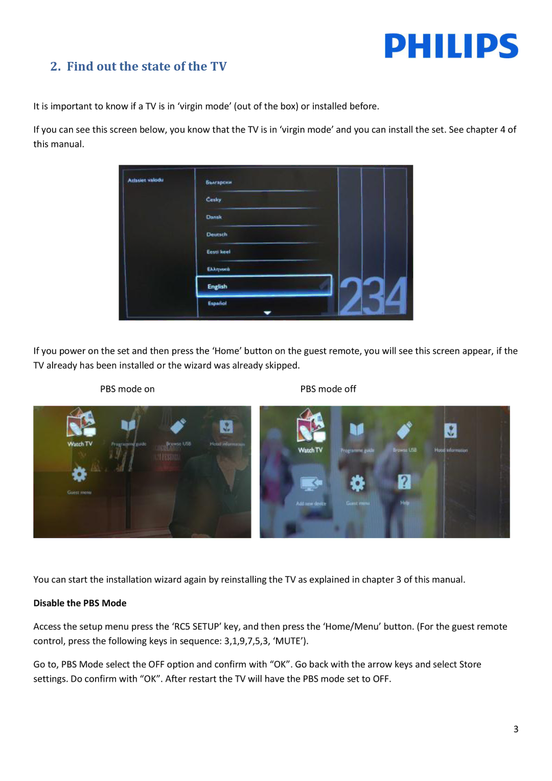 Philips 22HFL3233D, 10 installation manual Find out the state of the TV, Disable the PBS Mode 