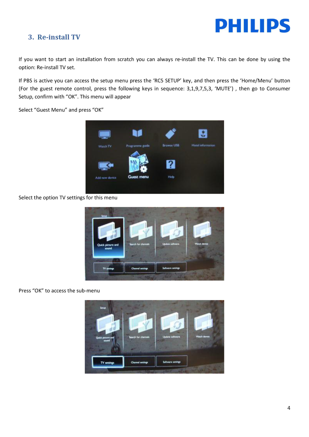 Philips 10, 22HFL3233D installation manual Re-install TV 