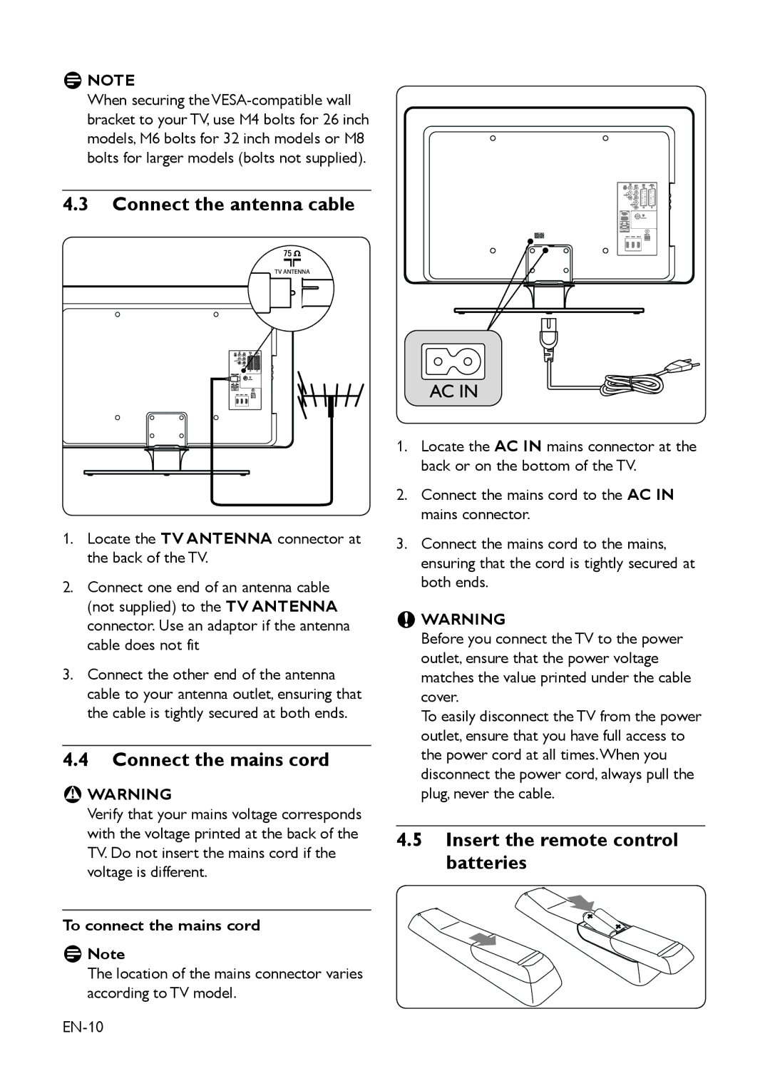 Philips 22HFL3350D manual Connect the antenna cable, Connect the mains cord, Insert the remote control batteries, Ddnote 