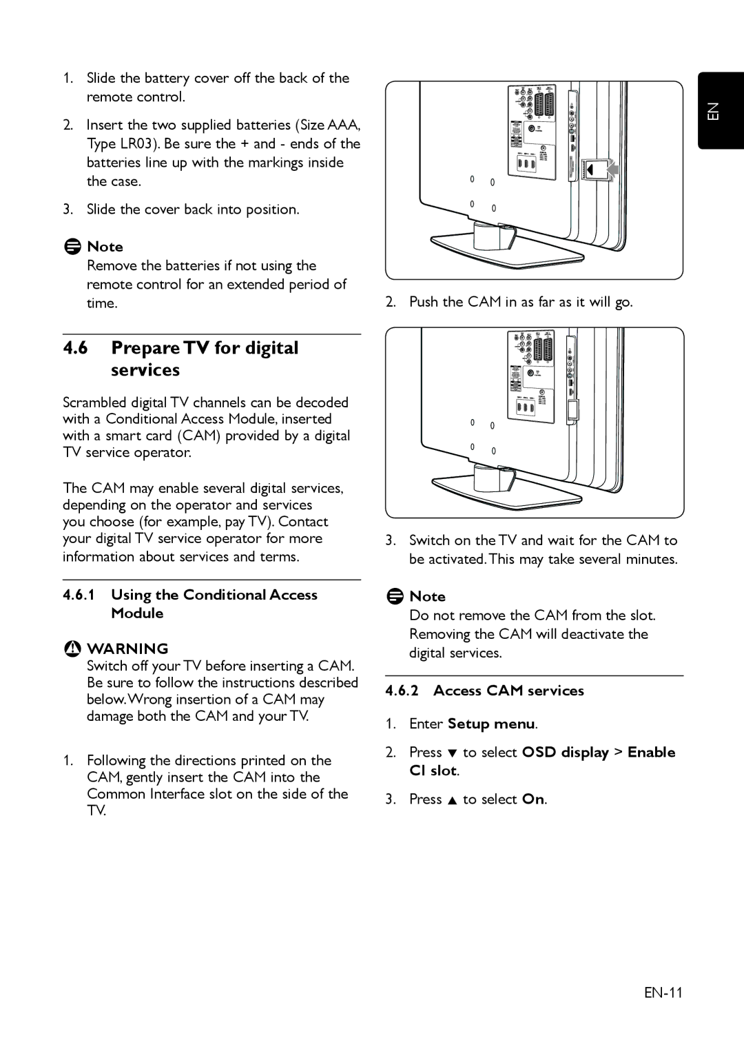 Philips 32HFL3350D, 22HFL3350D manual Prepare TV for digital services, Remove the batteries if not using, Time 