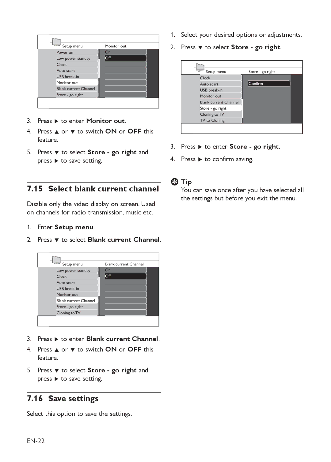 Philips 22HFL3350D Select blank current channel, Save settings, Enter Setup menu Press ï to select Blank current Channel 