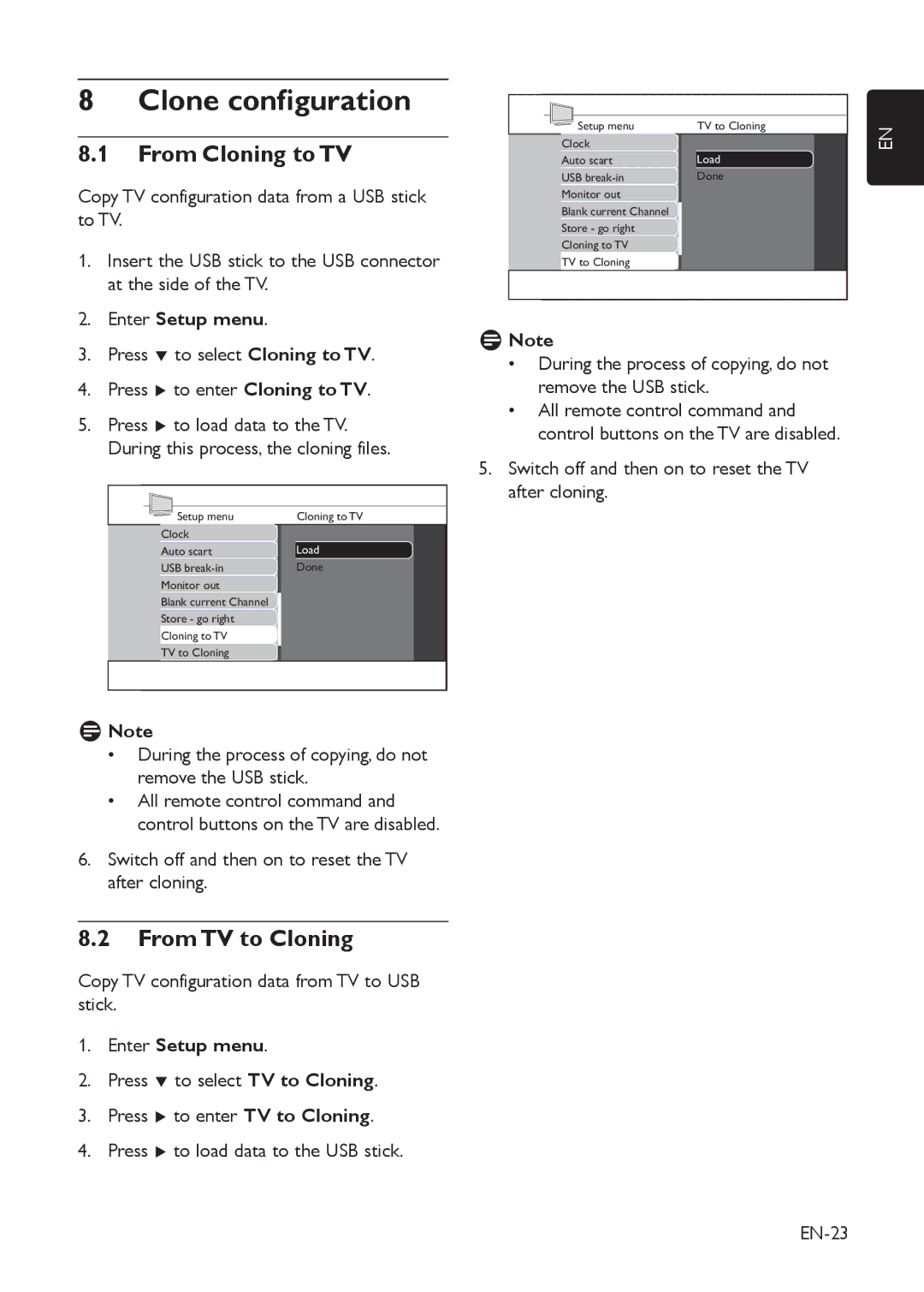 Philips 32HFL3350D, 22HFL3350D manual Clone configuration, From Cloning to TV, From TV to Cloning 