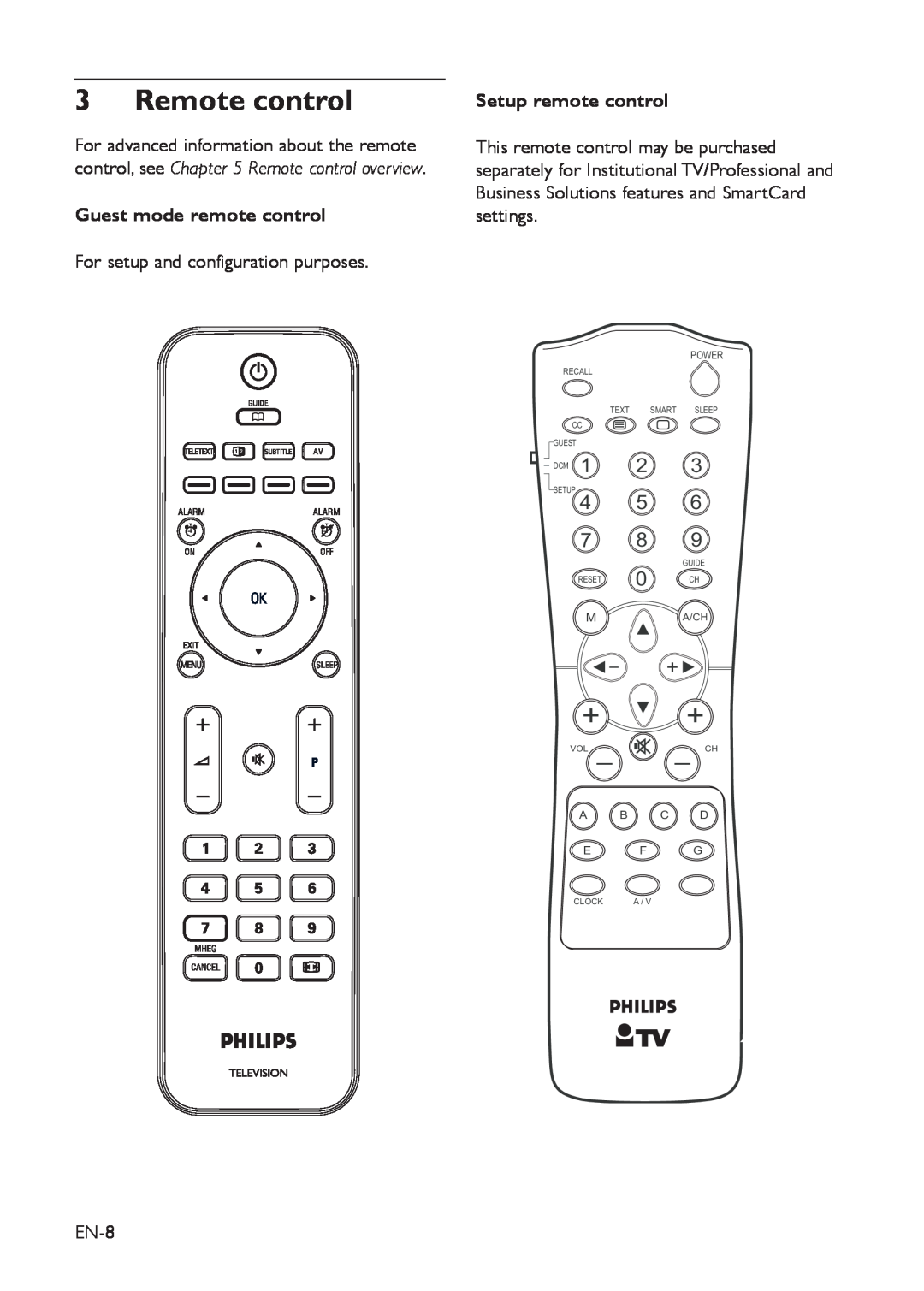 Philips 22HFL3350D Remote control, Guest mode remote control, Setup remote control, Recall, Text, Smart, Guide, Reset 