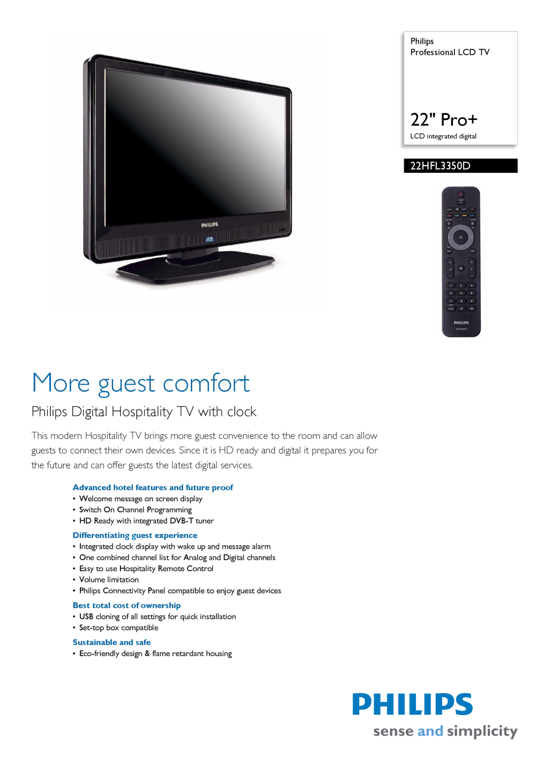 Philips 22HFL3350D/10 manual Advanced hotel features and future proof, Differentiating guest experience 