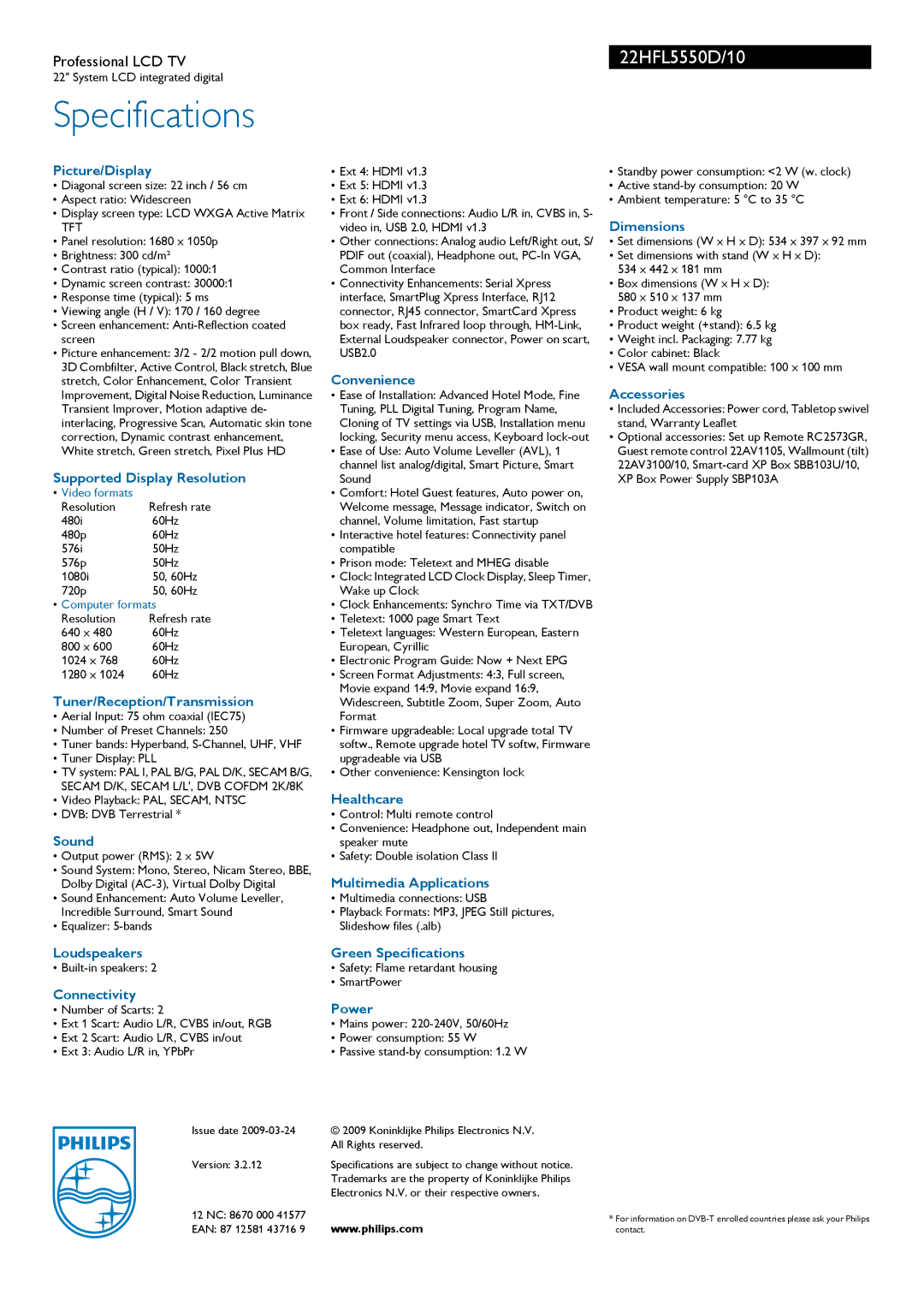 Philips 22HFL5550D/10 Picture/Display, Dimensions, Convenience, Accessories, Supported Display Resolution, Healthcare 