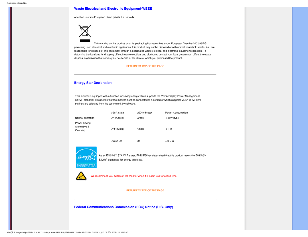 Philips 22IE user manual Waste Electrical and Electronic Equipment-WEEE 