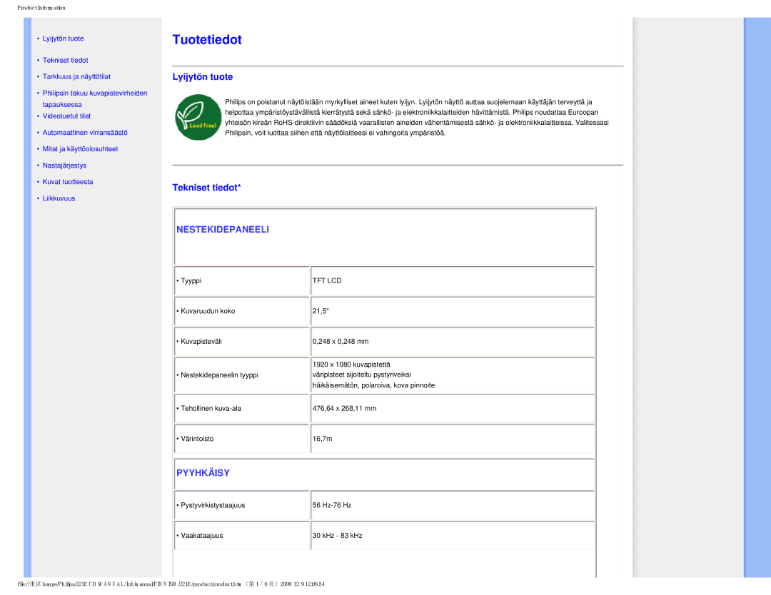 Philips 22IE user manual Lyijytön tuote, Tekniset tiedot 