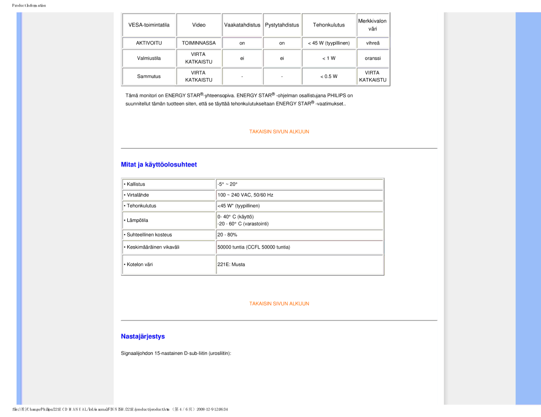 Philips 22IE user manual Mitat ja käyttöolosuhteet, Nastajärjestys 