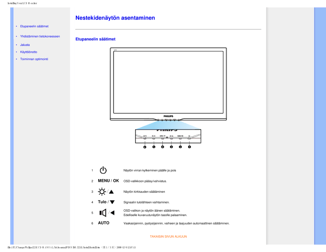 Philips 22IE user manual Etupaneelin säätimet, Tulo 