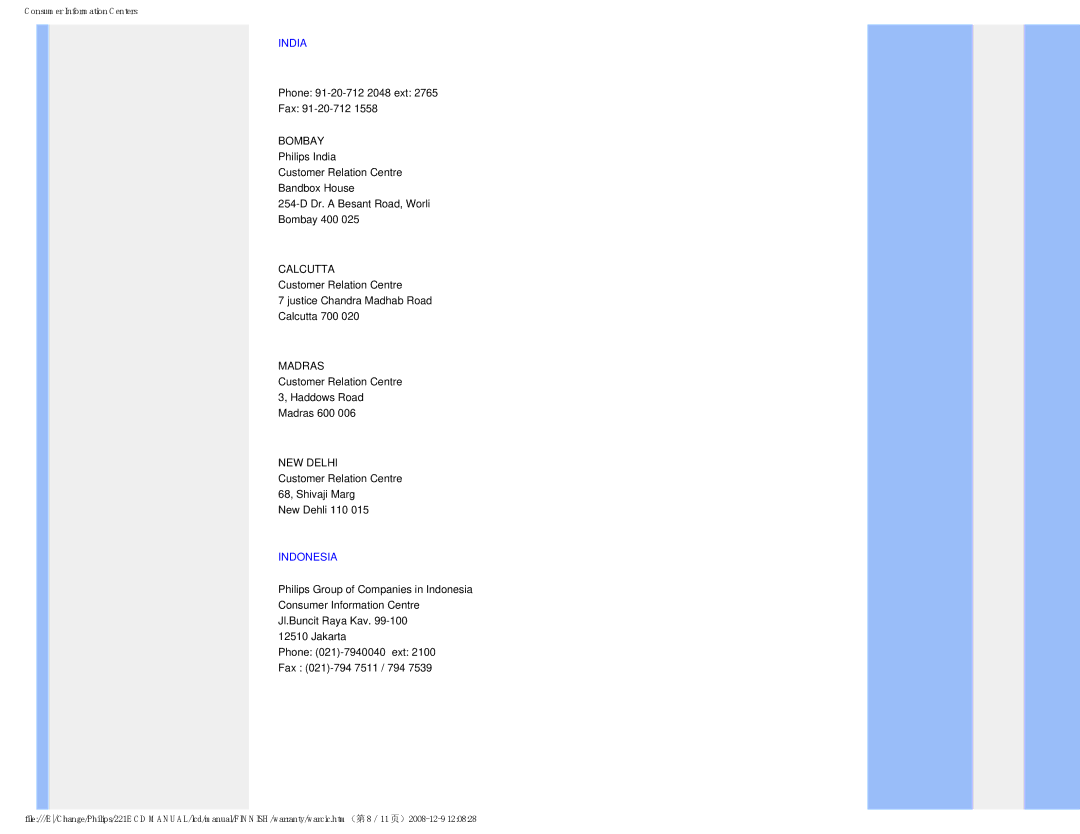 Philips 22IE user manual India, Indonesia 