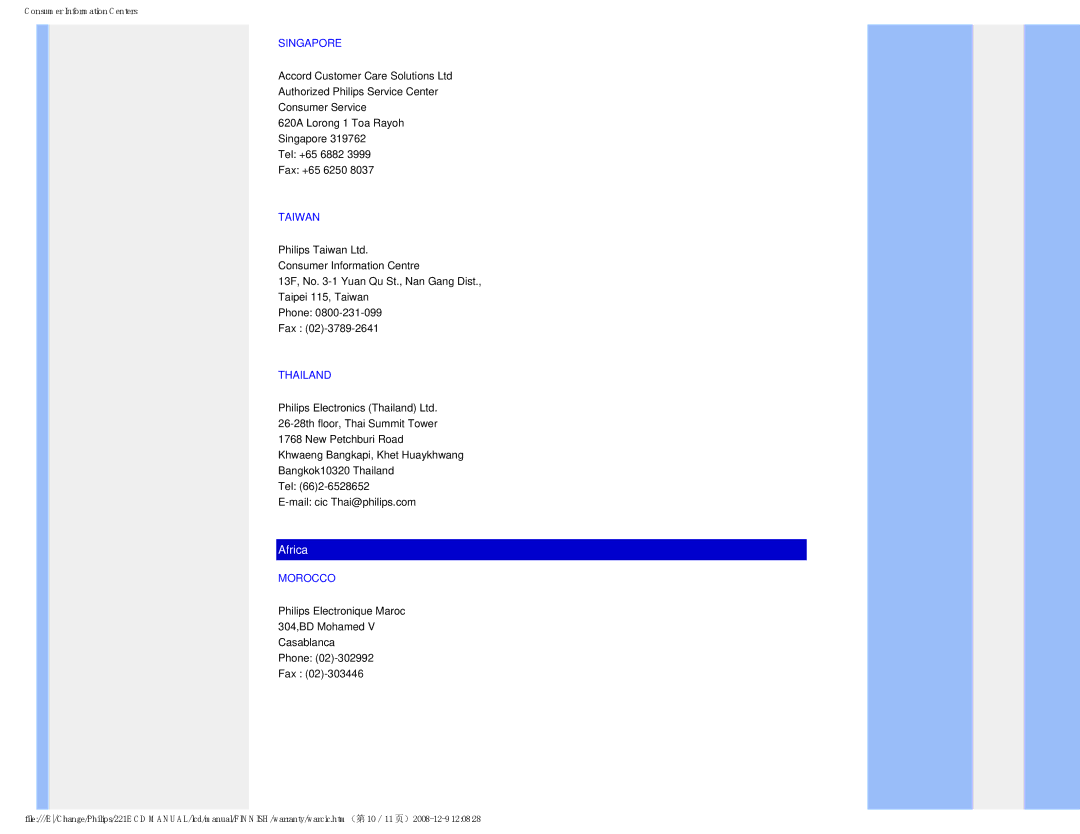 Philips 22IE user manual Singapore, Taiwan, Thailand, Morocco 