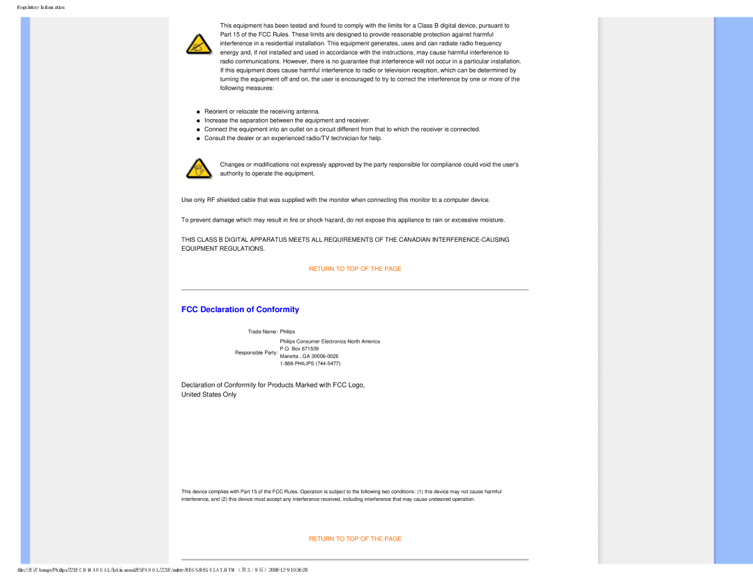 Philips 22IE user manual FCC Declaration of Conformity 