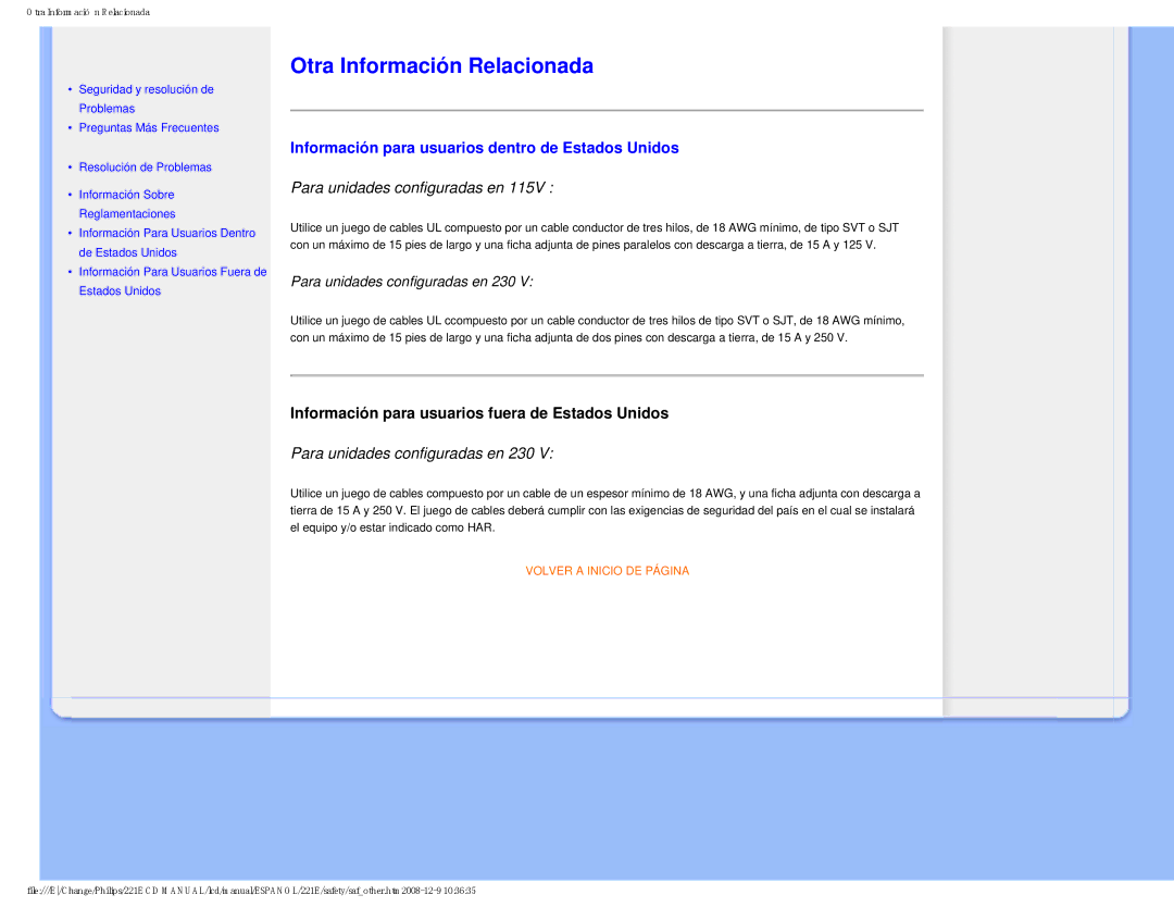 Philips 22IE user manual Otra Información Relacionada, Información para usuarios dentro de Estados Unidos 