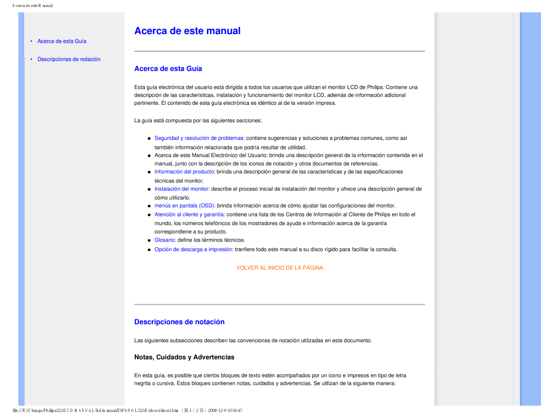 Philips 22IE Acerca de este manual, Acerca de esta Guía, Descripciones de notación, Notas, Cuidados y Advertencias 