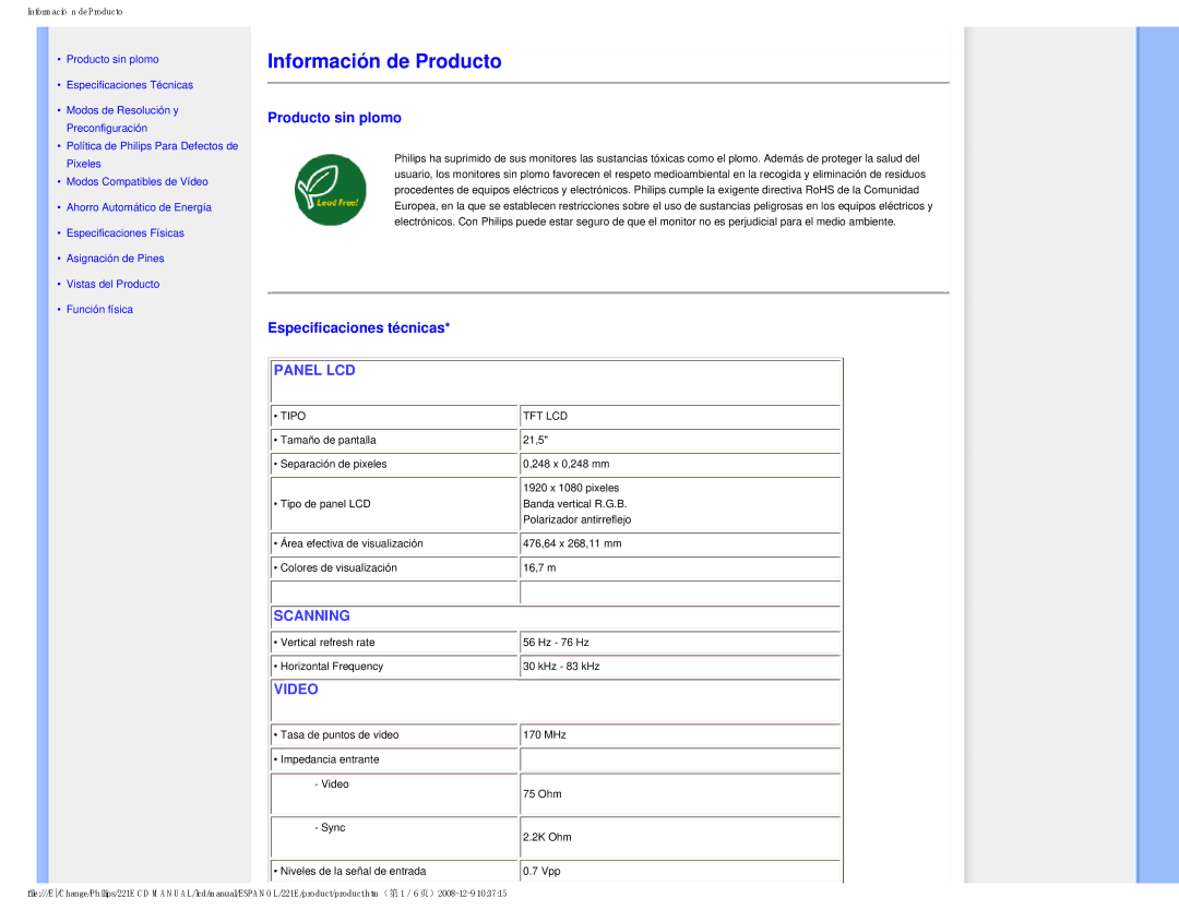 Philips 22IE user manual Producto sin plomo, Especificaciones técnicas 