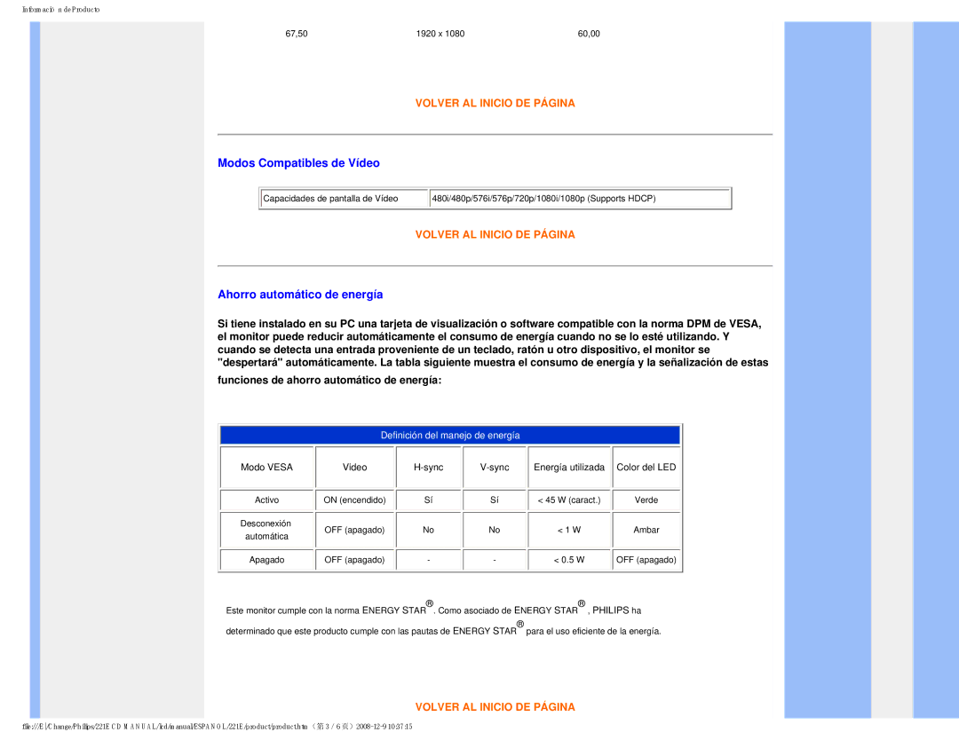 Philips 22IE user manual Modos Compatibles de Vídeo, Ahorro automático de energía 