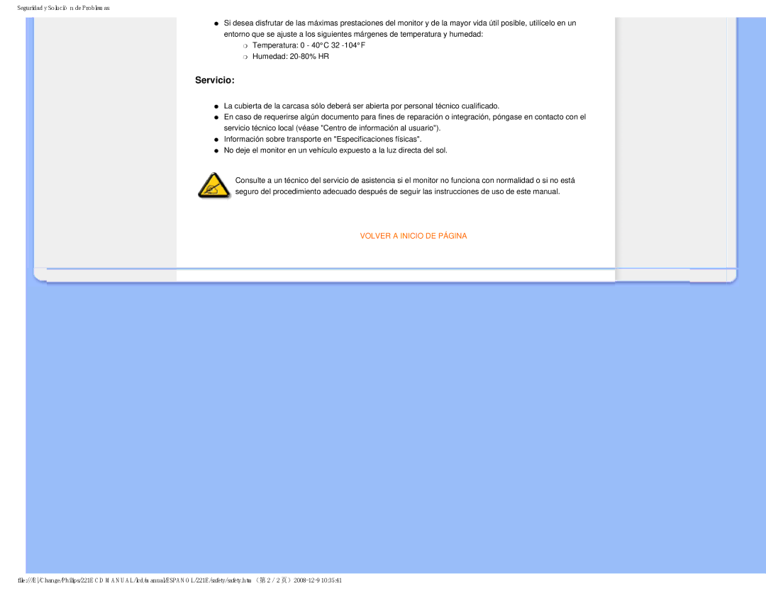 Philips 22IE user manual Servicio, Volver a Inicio DE Página 