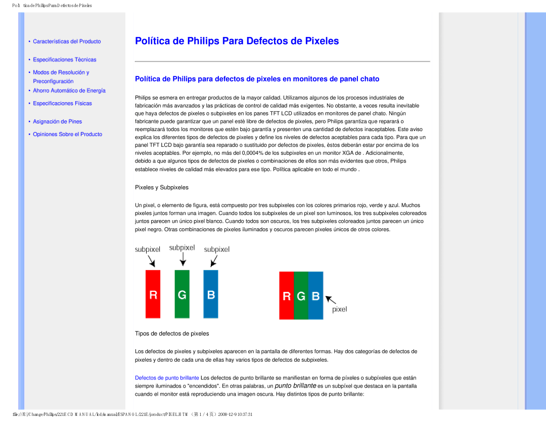 Philips 22IE user manual Política de Philips Para Defectos de Pixeles, Pixeles y Subpixeles 