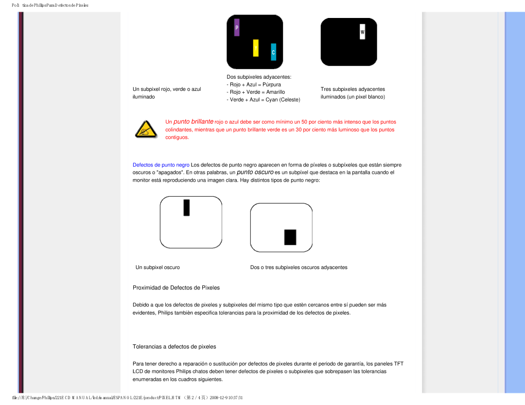 Philips 22IE user manual Proximidad de Defectos de Pixeles 