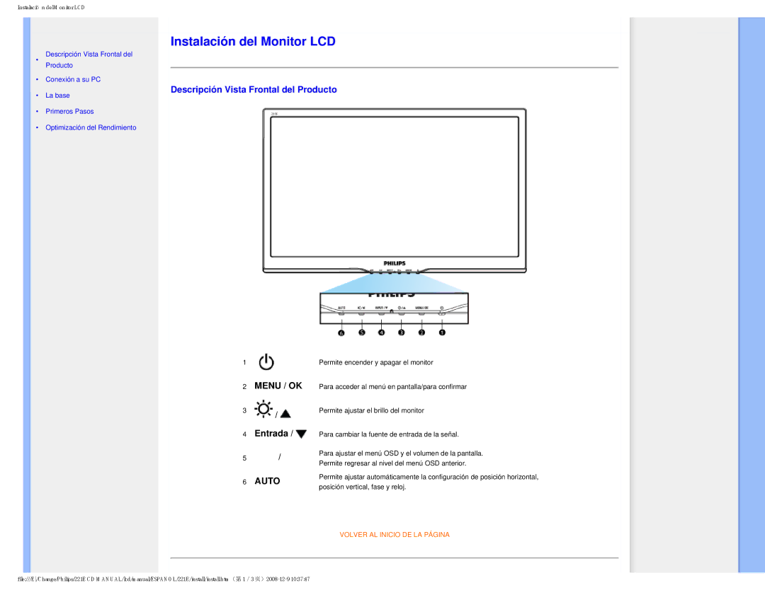 Philips 22IE user manual Instalación del Monitor LCD 