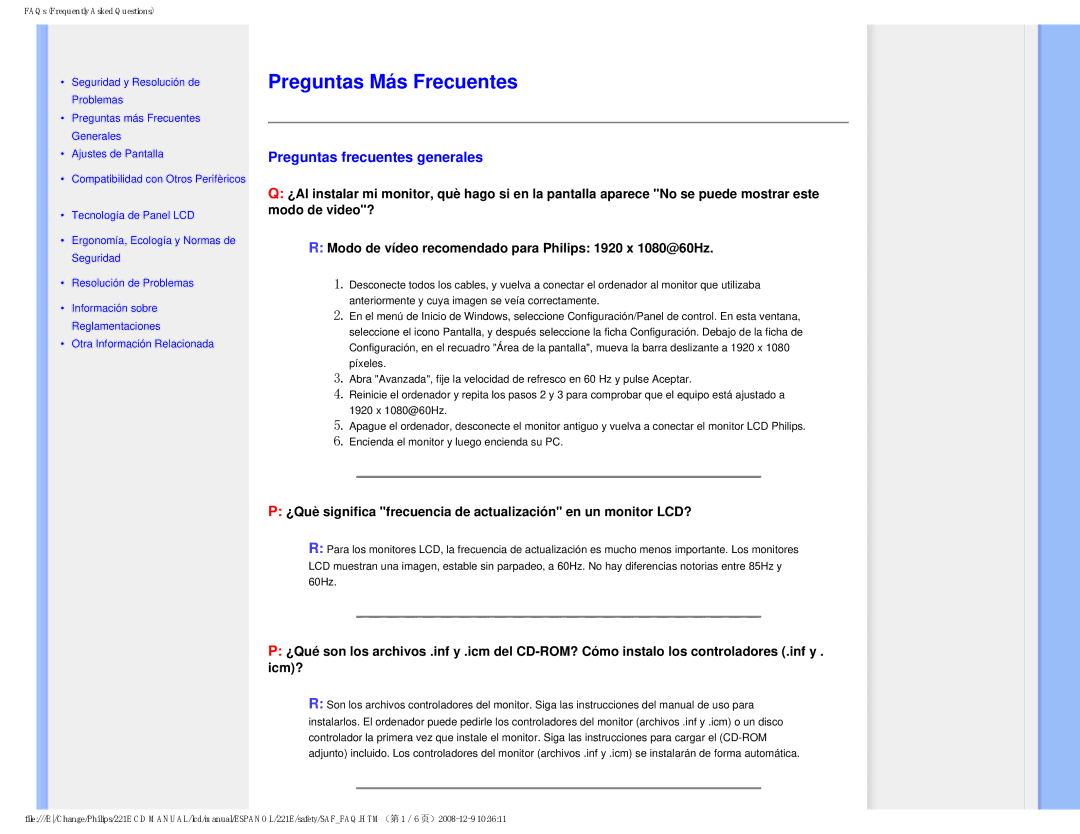 Philips 22IE user manual Preguntas Más Frecuentes, Preguntas frecuentes generales 