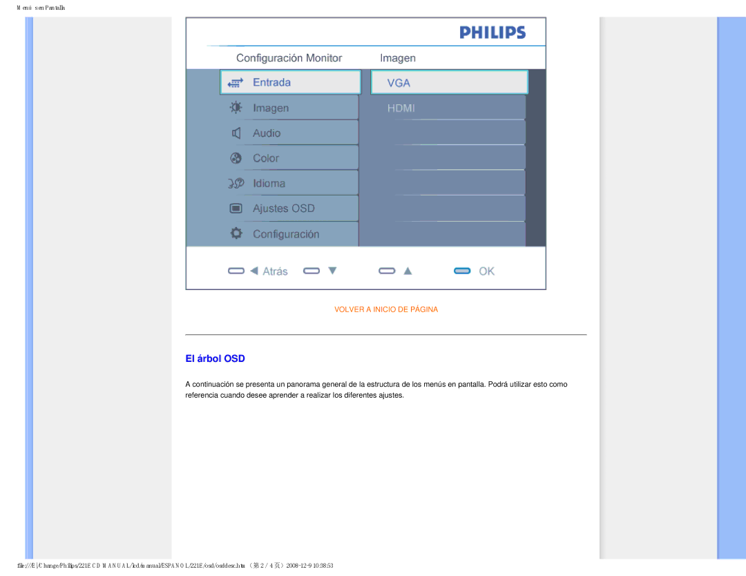 Philips 22IE user manual El árbol OSD 