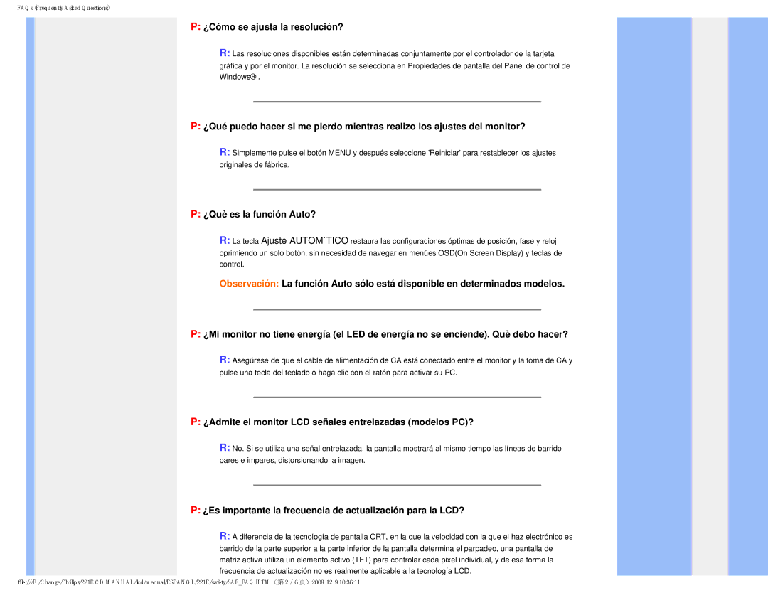 Philips 22IE user manual ¿Cómo se ajusta la resolución?, ¿Què es la función Auto? 