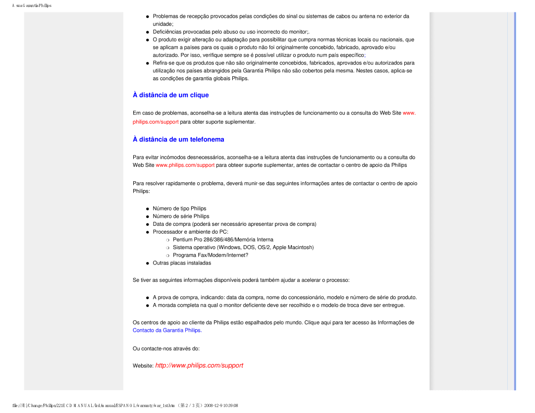 Philips 22IE user manual Distância de um clique Distância de um telefonema, Contacto da Garantia Philips 