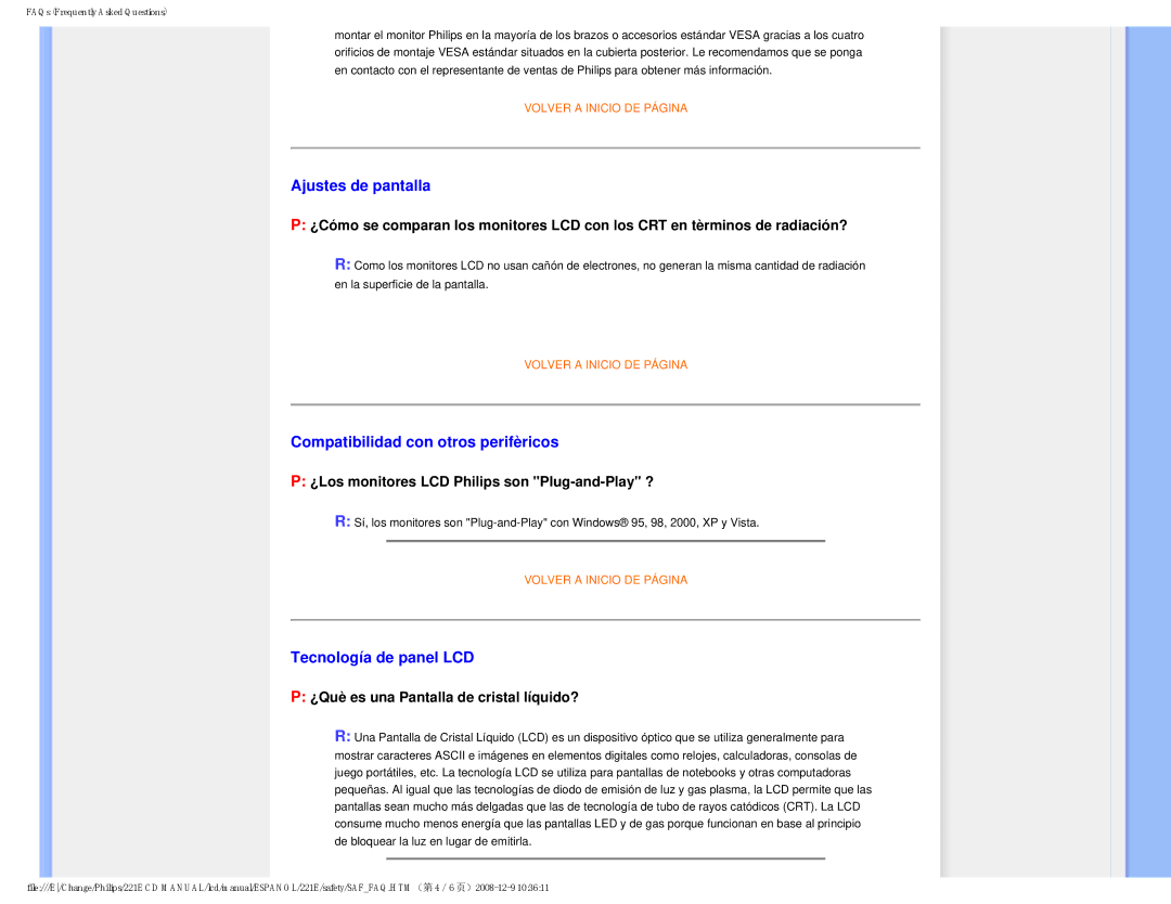 Philips 22IE user manual Ajustes de pantalla, Compatibilidad con otros perifèricos, Tecnología de panel LCD 