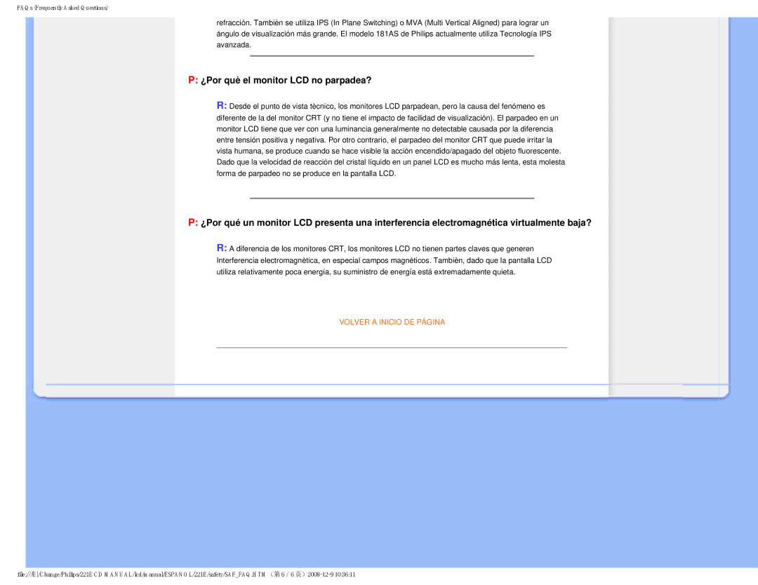 Philips 22IE user manual ¿Por què el monitor LCD no parpadea? 