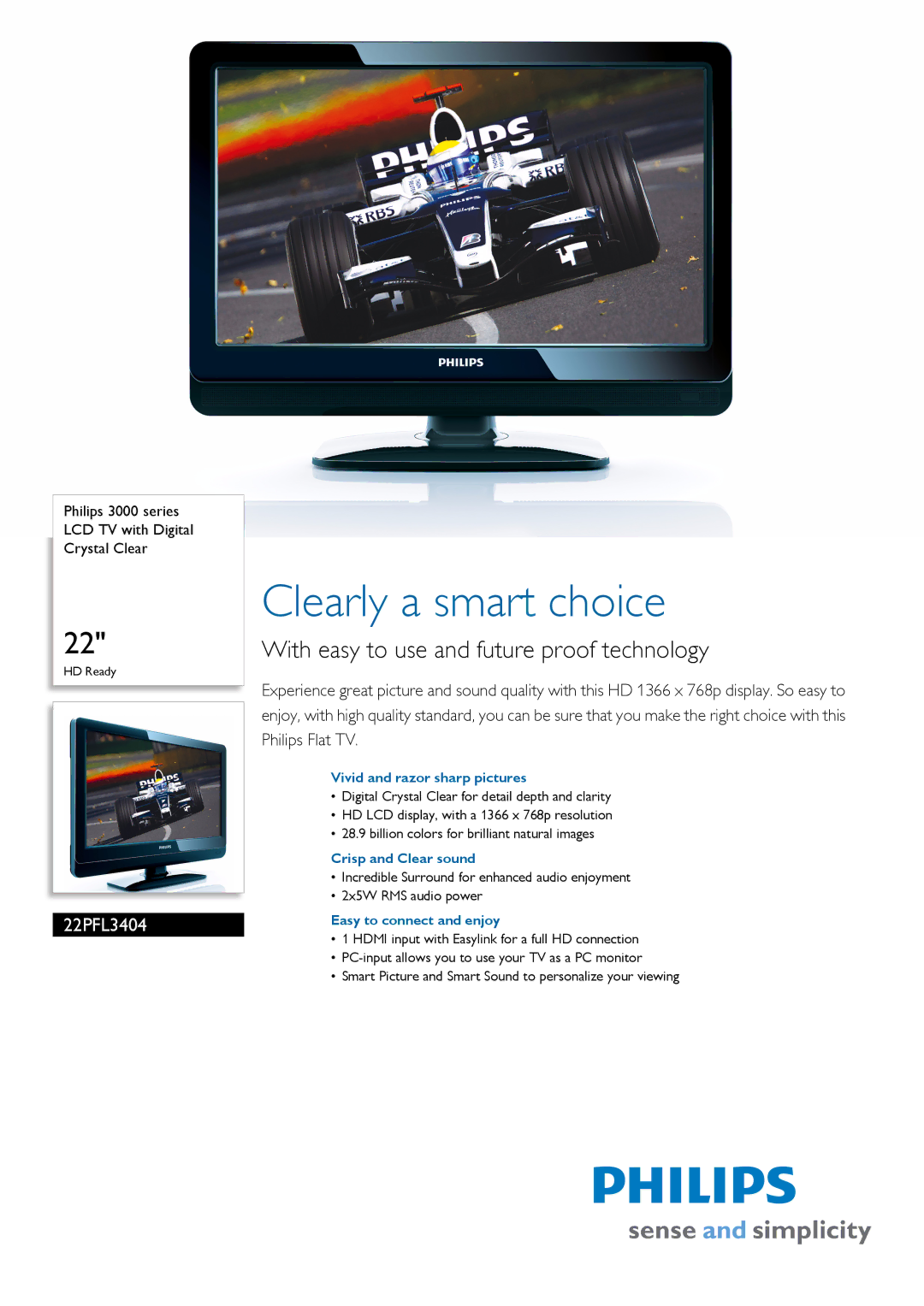 Philips 22PFL3404 manual Vivid and razor sharp pictures, Crisp and Clear sound, Easy to connect and enjoy 