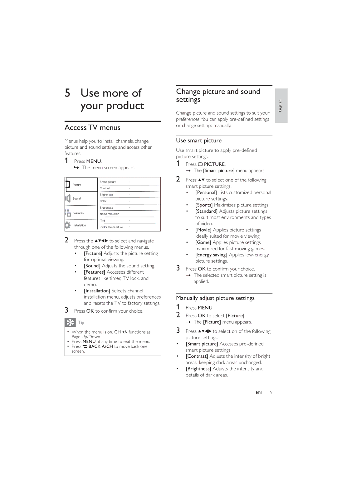 Philips 22PFL3404/77 Use more of your product, AccessTV menus, Change picture and sound settings, Use smart picture 