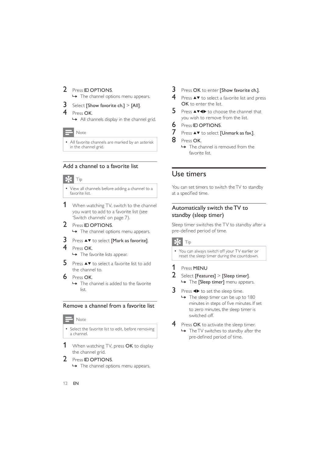 Philips 26PFL3404/77, 22PFL3404/77 Use timers, Add a channel to a favorite list, Remove a channel from a favorite list 