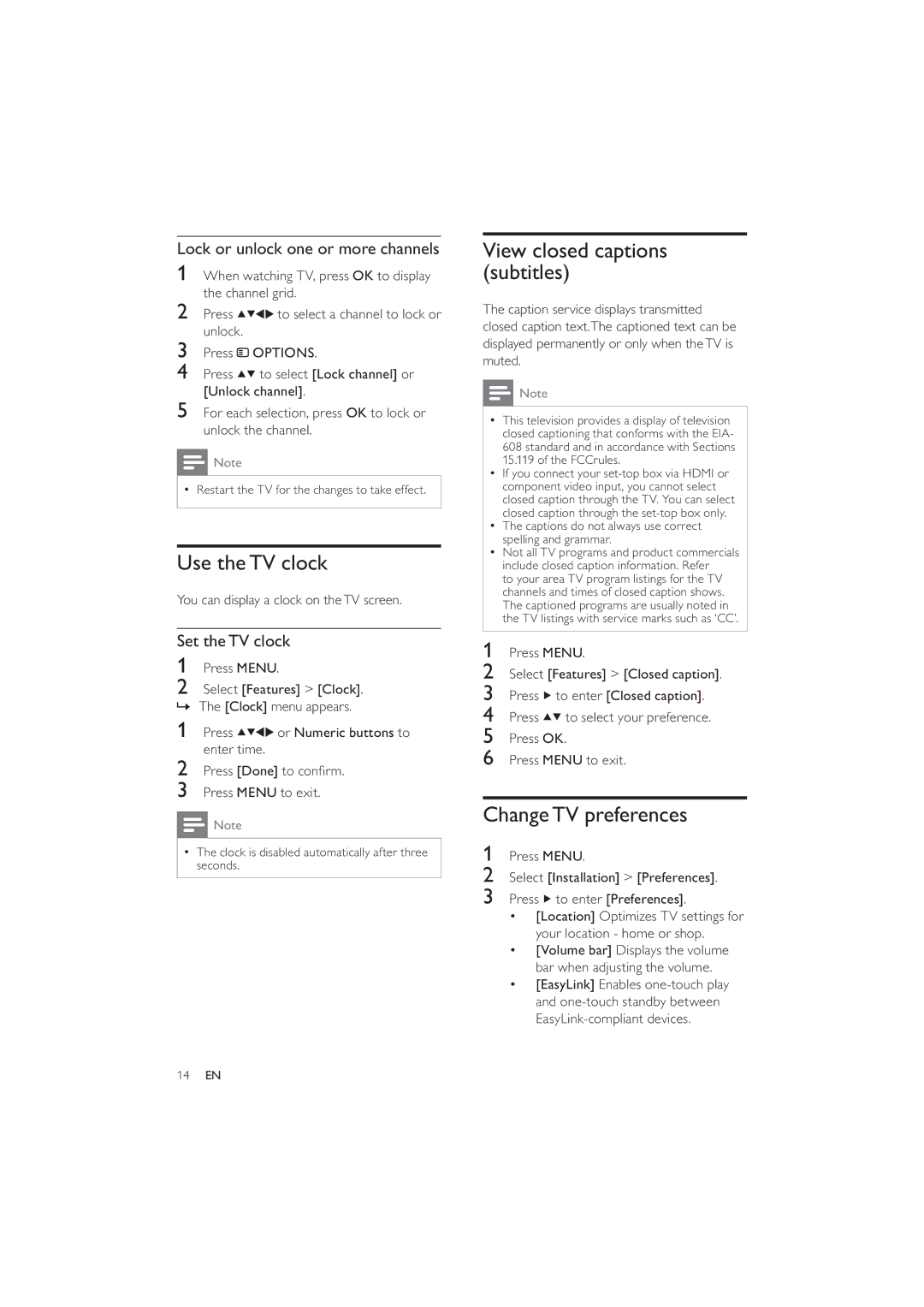 Philips 26PFL3404/77, 22PFL3404/77 Use theTV clock, View closed captions subtitles, ChangeTV preferences, Set theTV clock 