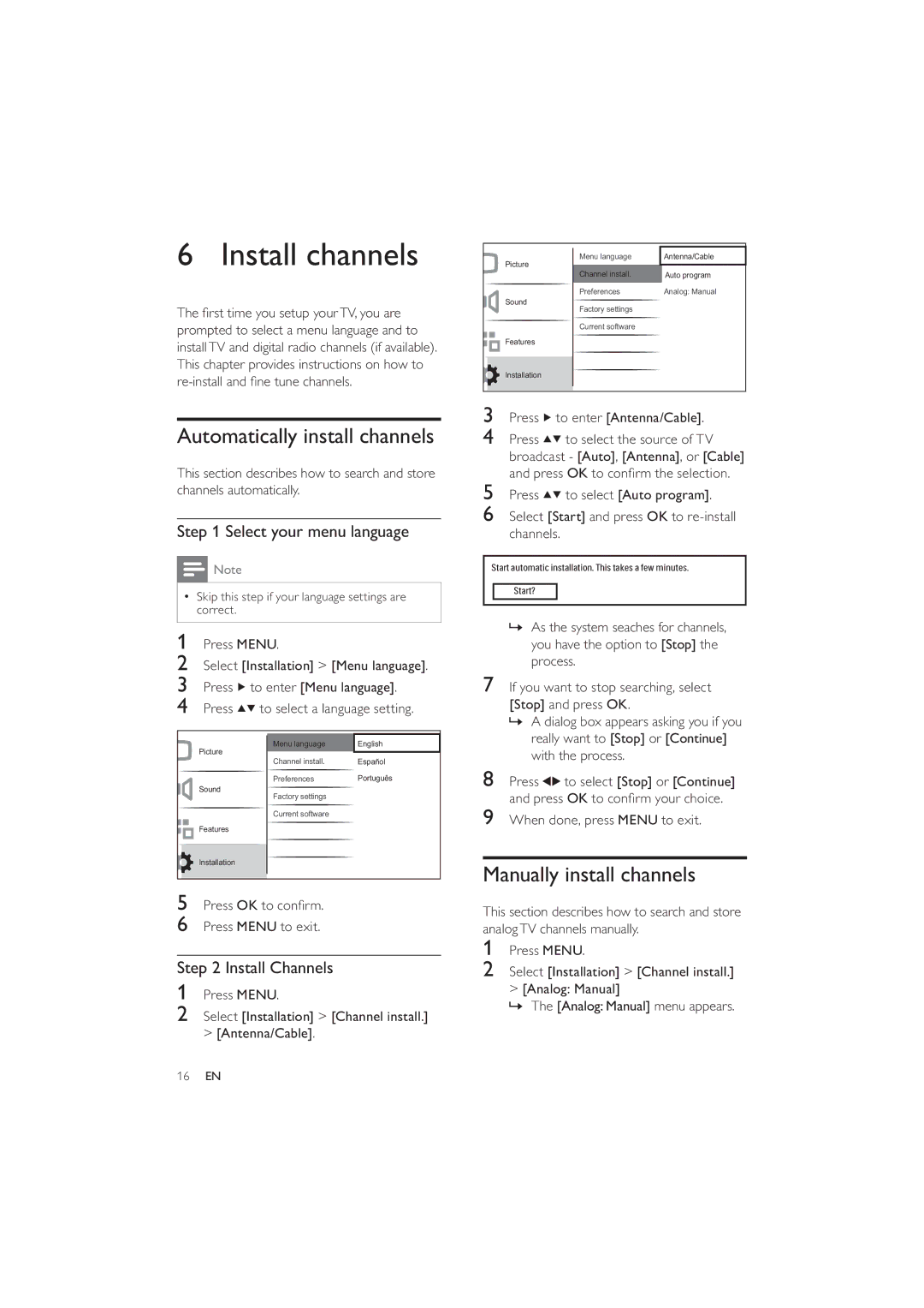 Philips 26PFL3404/77 Install channels, Automatically install channels, Manually install channels, Install Channels 