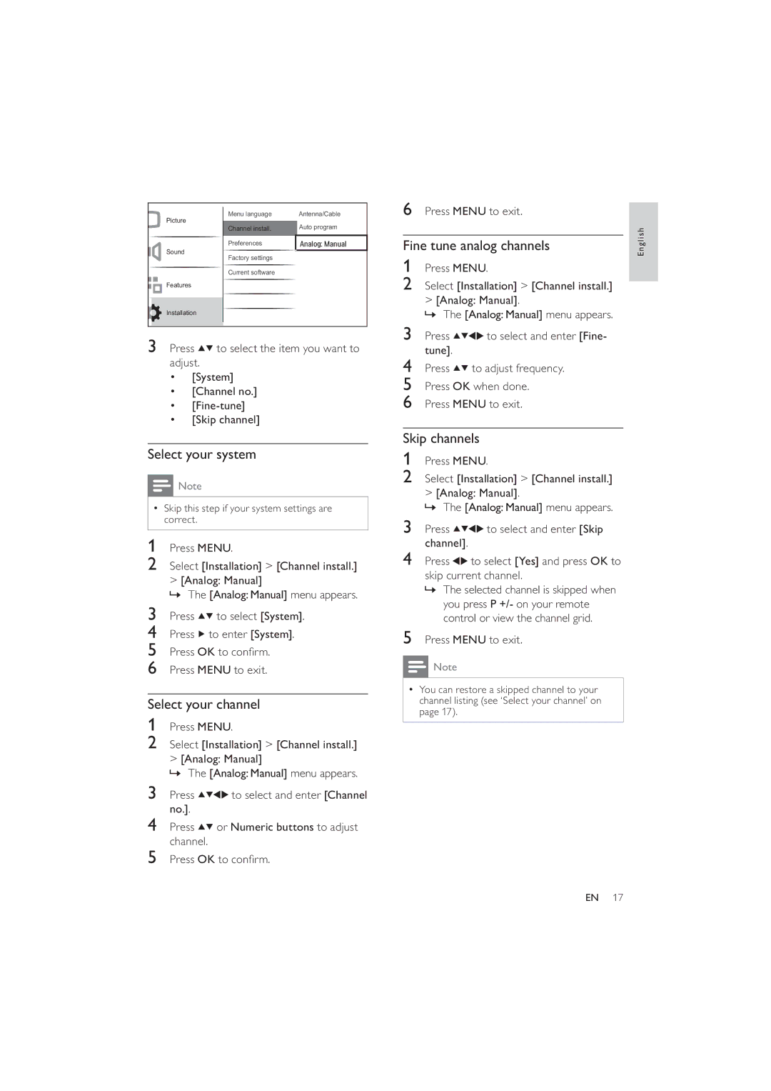 Philips 22PFL3404/77, 26PFL3404/77 Fine tune analog channels, Select your system, Select your channel, Skip channels 