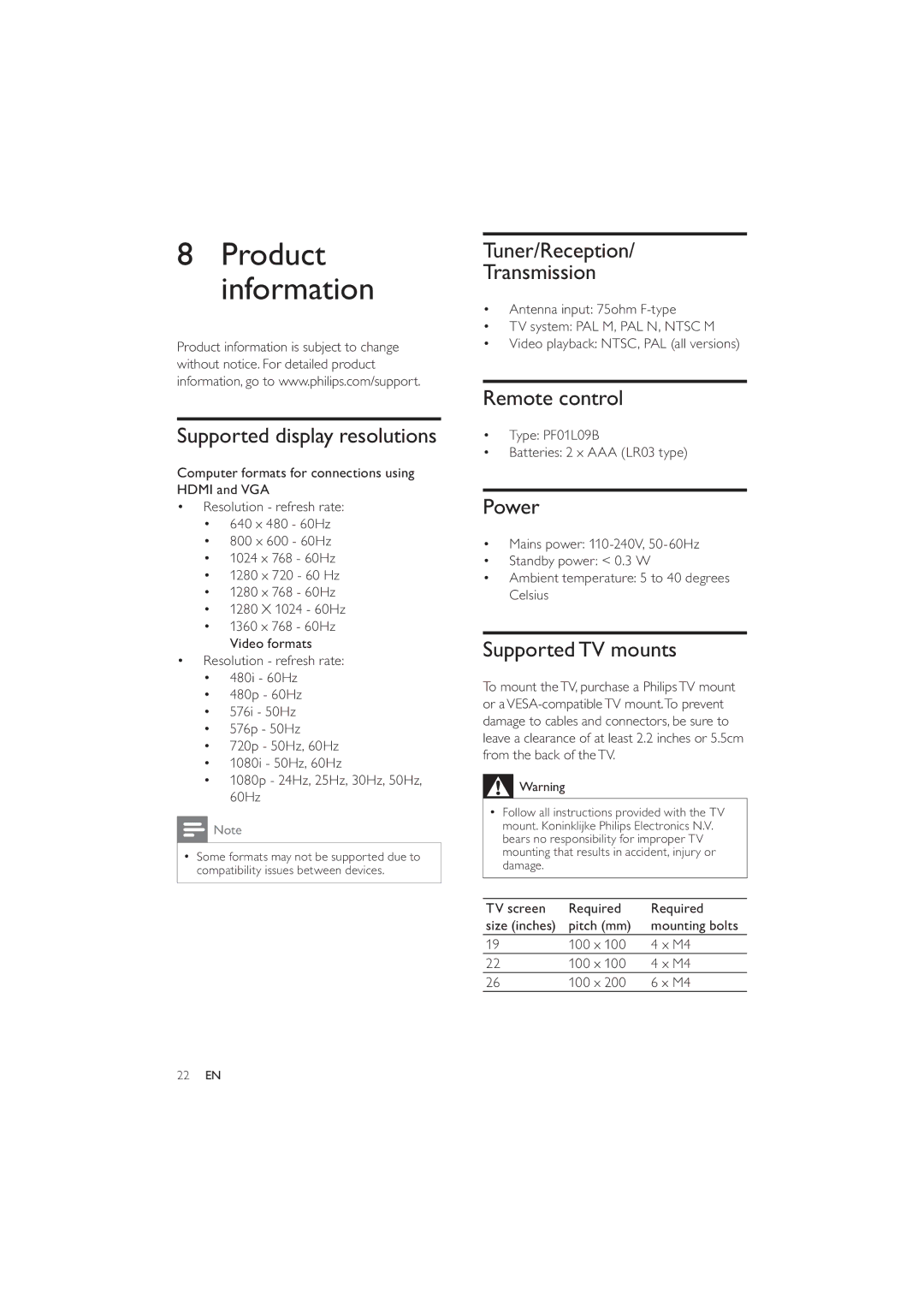 Philips 26PFL3404/77, 22PFL3404/77 Product information, Supported display resolutions, Tuner/Reception Transmission, Power 