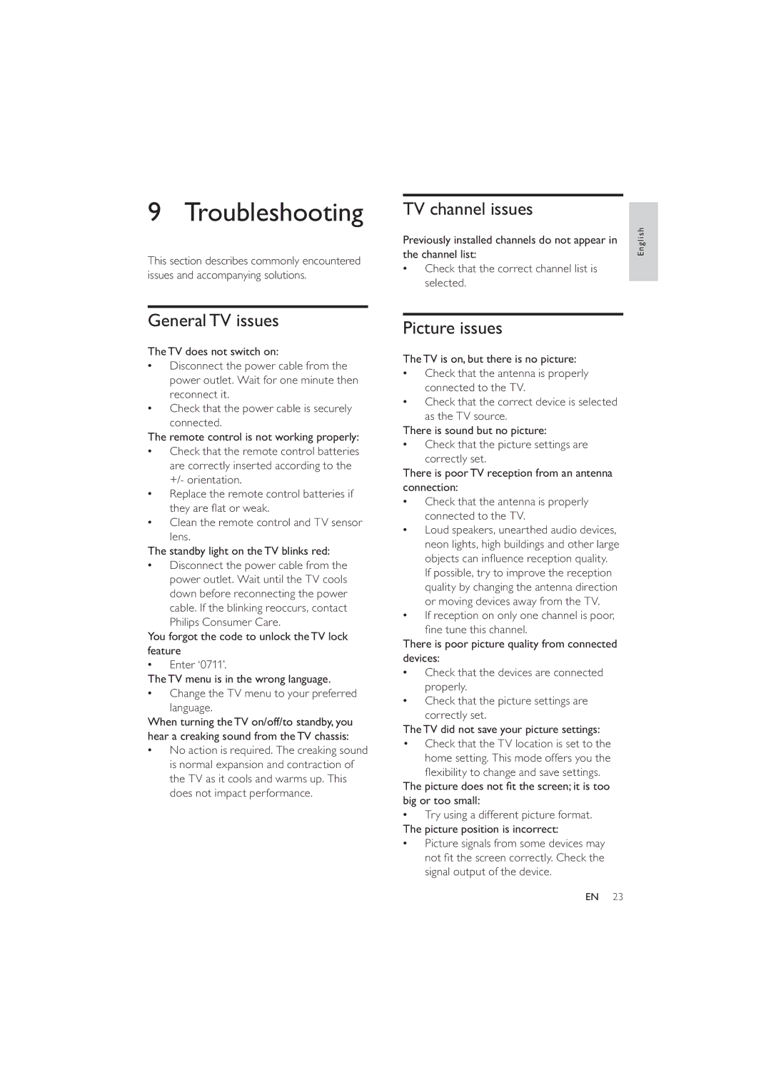 Philips 22PFL3404/77, 26PFL3404/77 user manual Troubleshooting, TV channel issues, GeneralTV issues, Picture issues 