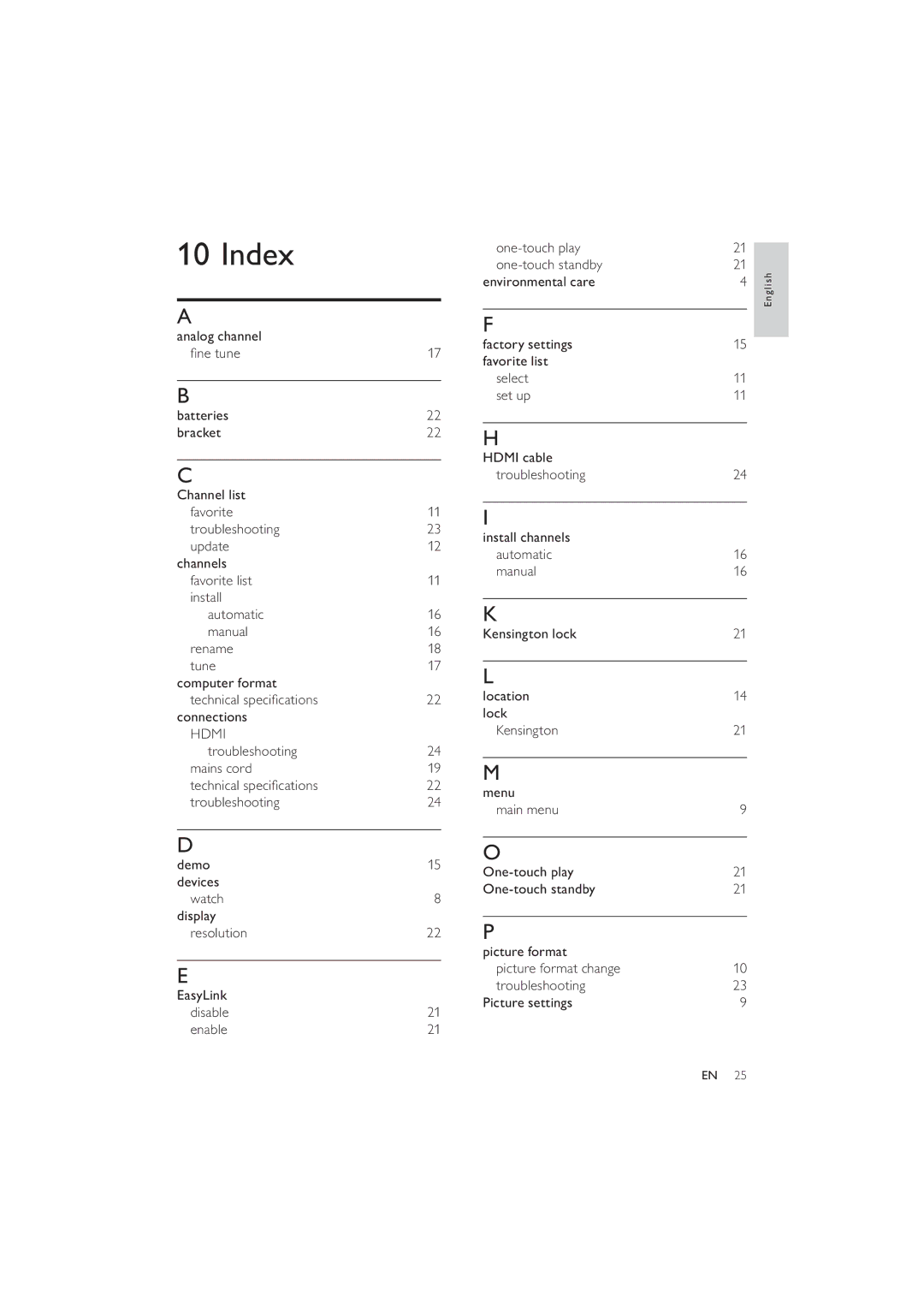 Philips 22PFL3404/77, 26PFL3404/77 user manual Index, 22 H, 16 K, 19 M, 22 P 