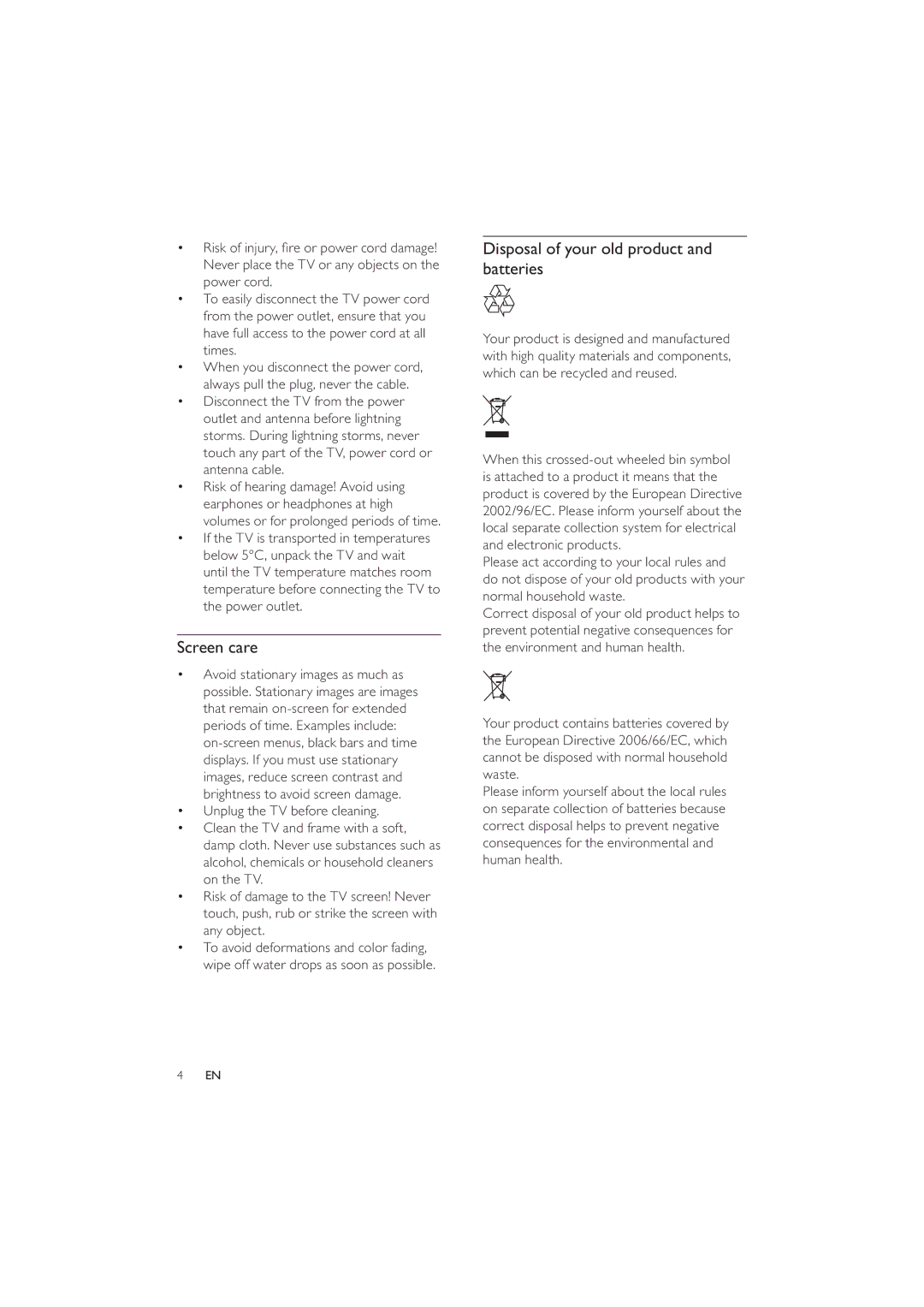 Philips 26PFL3404/77, 22PFL3404/77 user manual Screen care, Disposal of your old product and batteries 