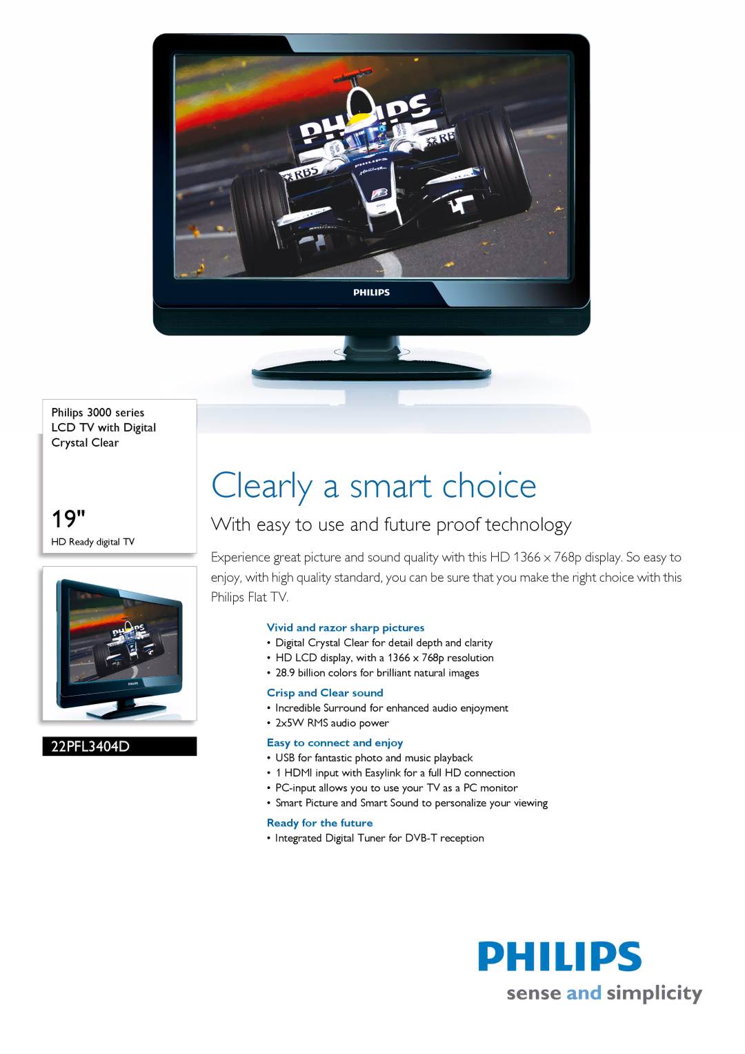 Philips 22PFL3404D manual Vivid and razor sharp pictures, Crisp and Clear sound, Easy to connect and enjoy 