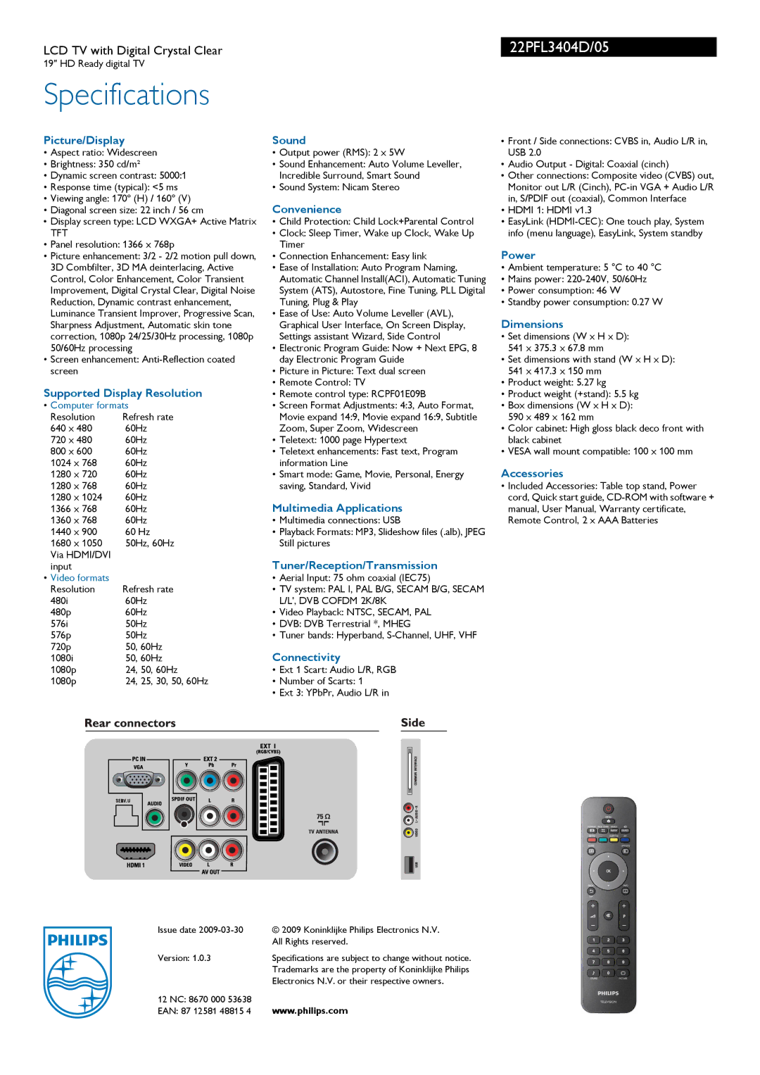 Philips 22PFL3404D manual Picture/Display Sound, Convenience, Power, Dimensions, Supported Display Resolution, Accessories 