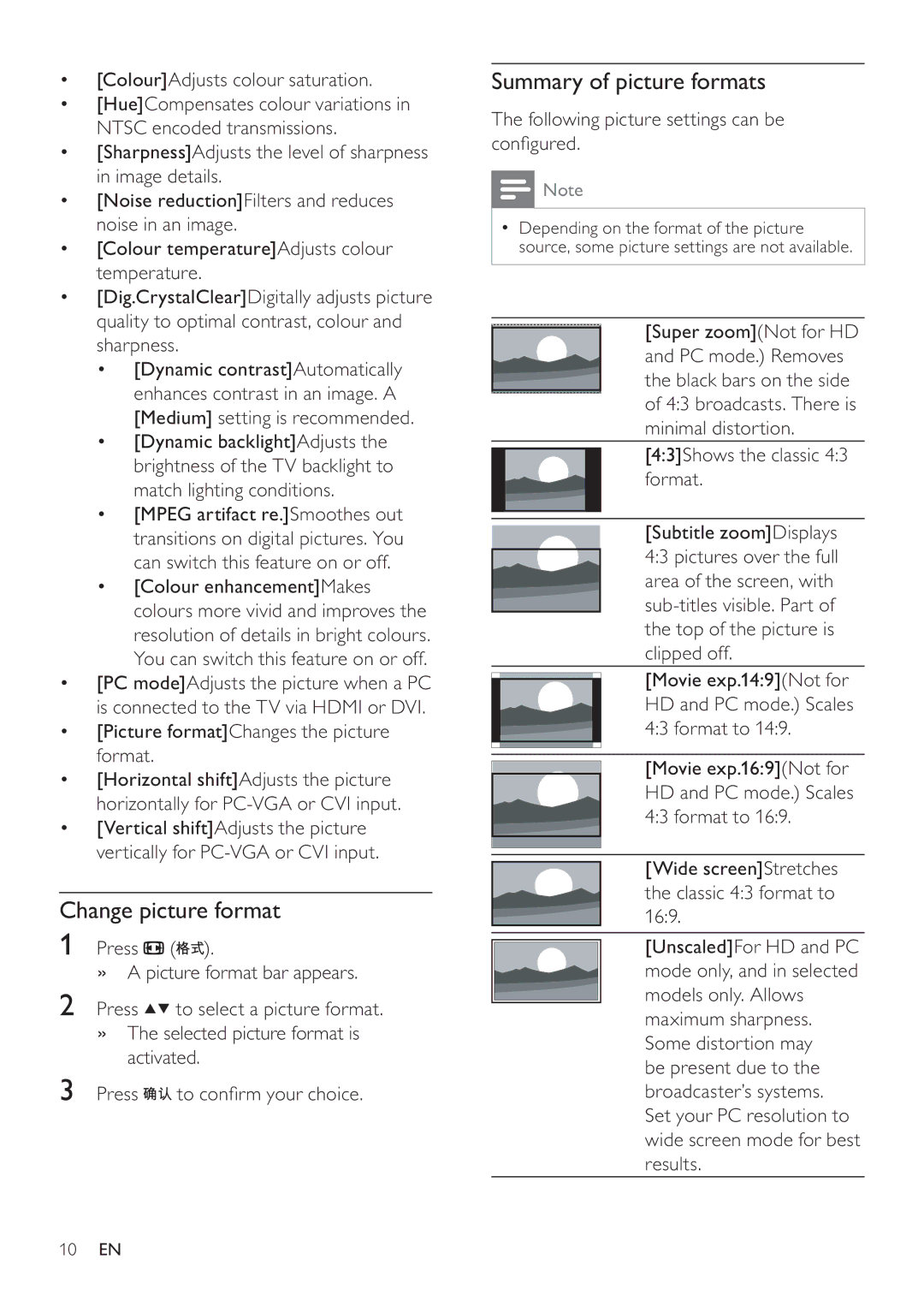 Philips 22PFL3409 user manual Change picture format, Summary of picture formats, Picture formatChanges the picture format 