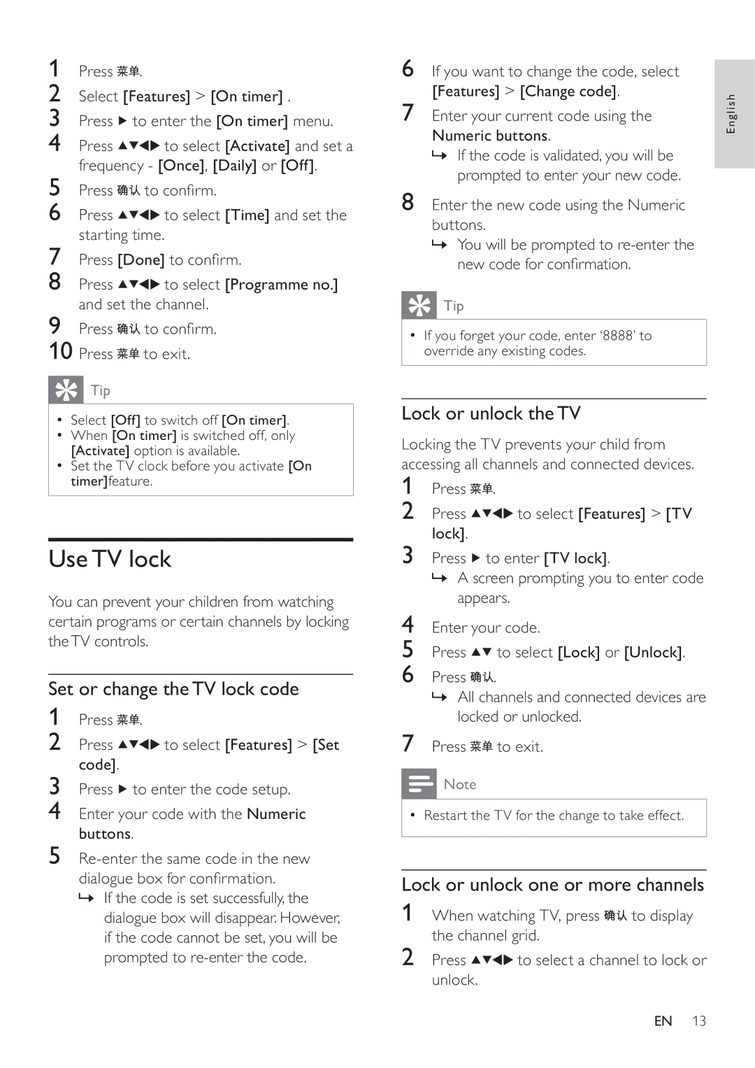 Philips 22PFL3409/93 user manual Use TV lock, Set or change the TV lock code, Lock or unlock the TV 