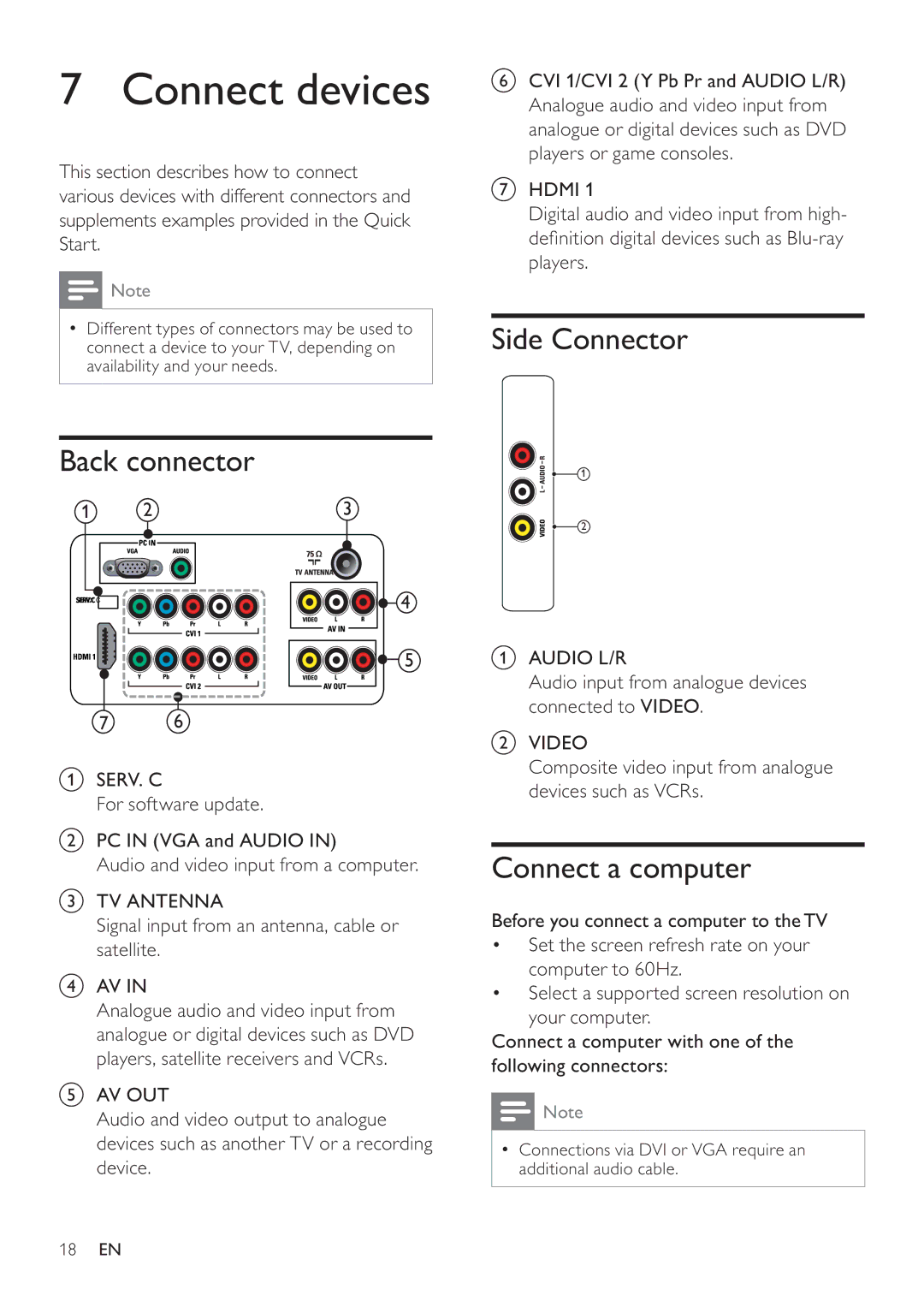 Philips 22PFL3409/93 user manual Connect devices, Side Connector Back connector, Connect a computer 