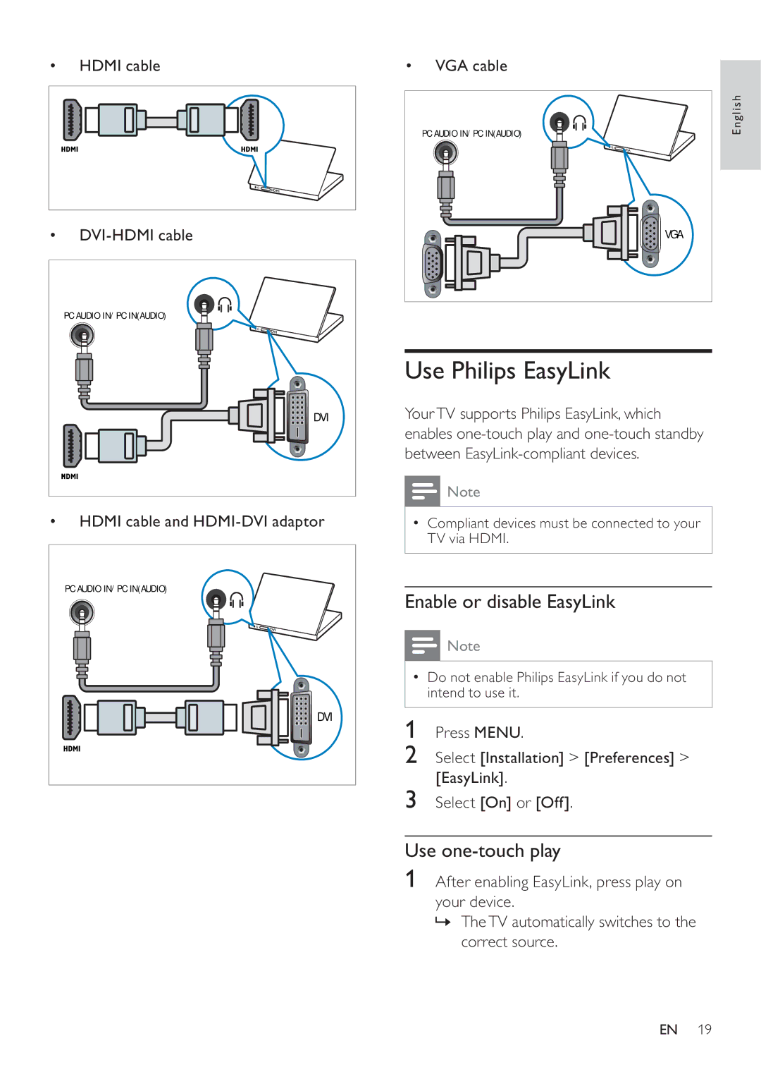 Philips 22PFL3409/93 user manual Use Philips EasyLink, Enable or disable EasyLink, Use one-touch play 