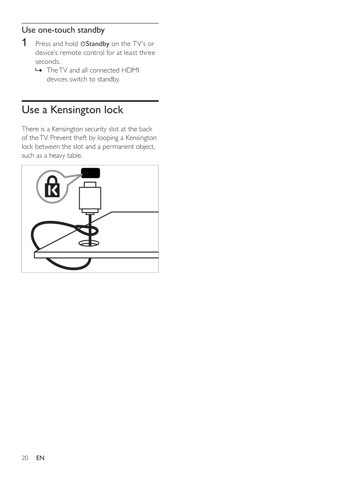 Philips 22PFL3409/93 user manual Use a Kensington lock, Use one-touch standby 