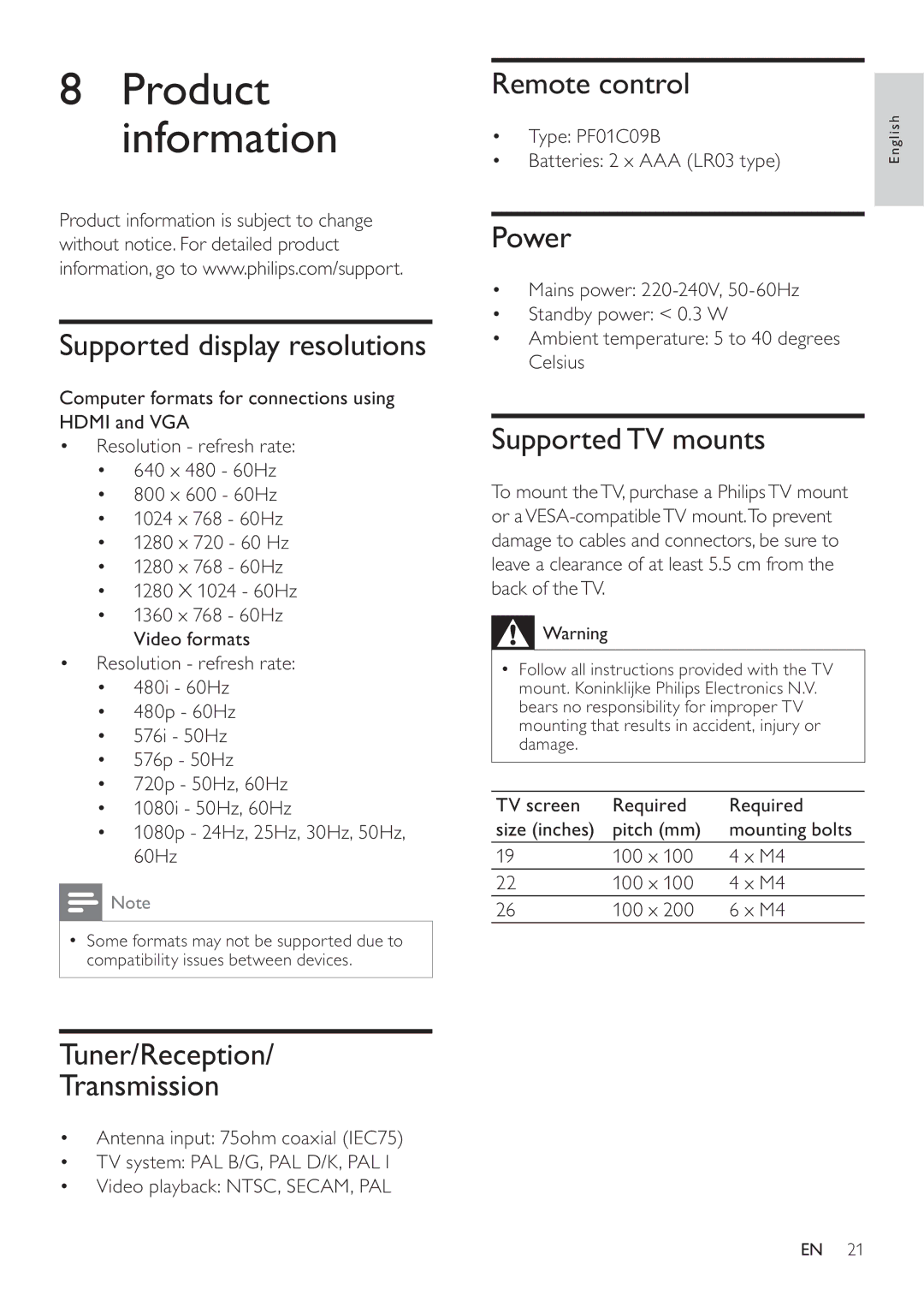 Philips 22PFL3409/93 user manual Supported display resolutions, Tuner/Reception Transmission, Remote control, Power 